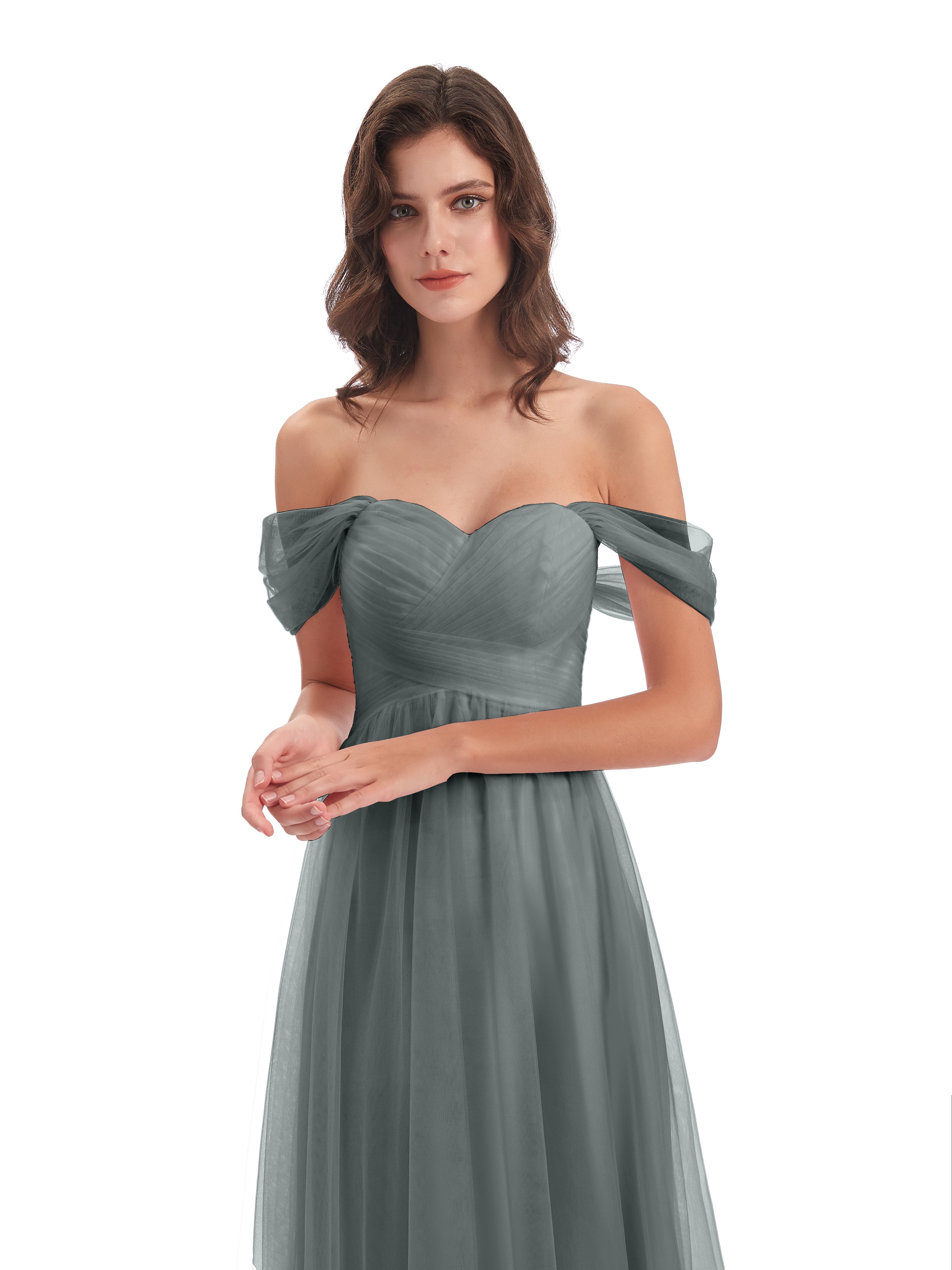 Robe Longue Grise Demoiselle D Honneur Trapèze Hors-La-Épaule Tulle Longue Robes Demoiselle D'Honneur