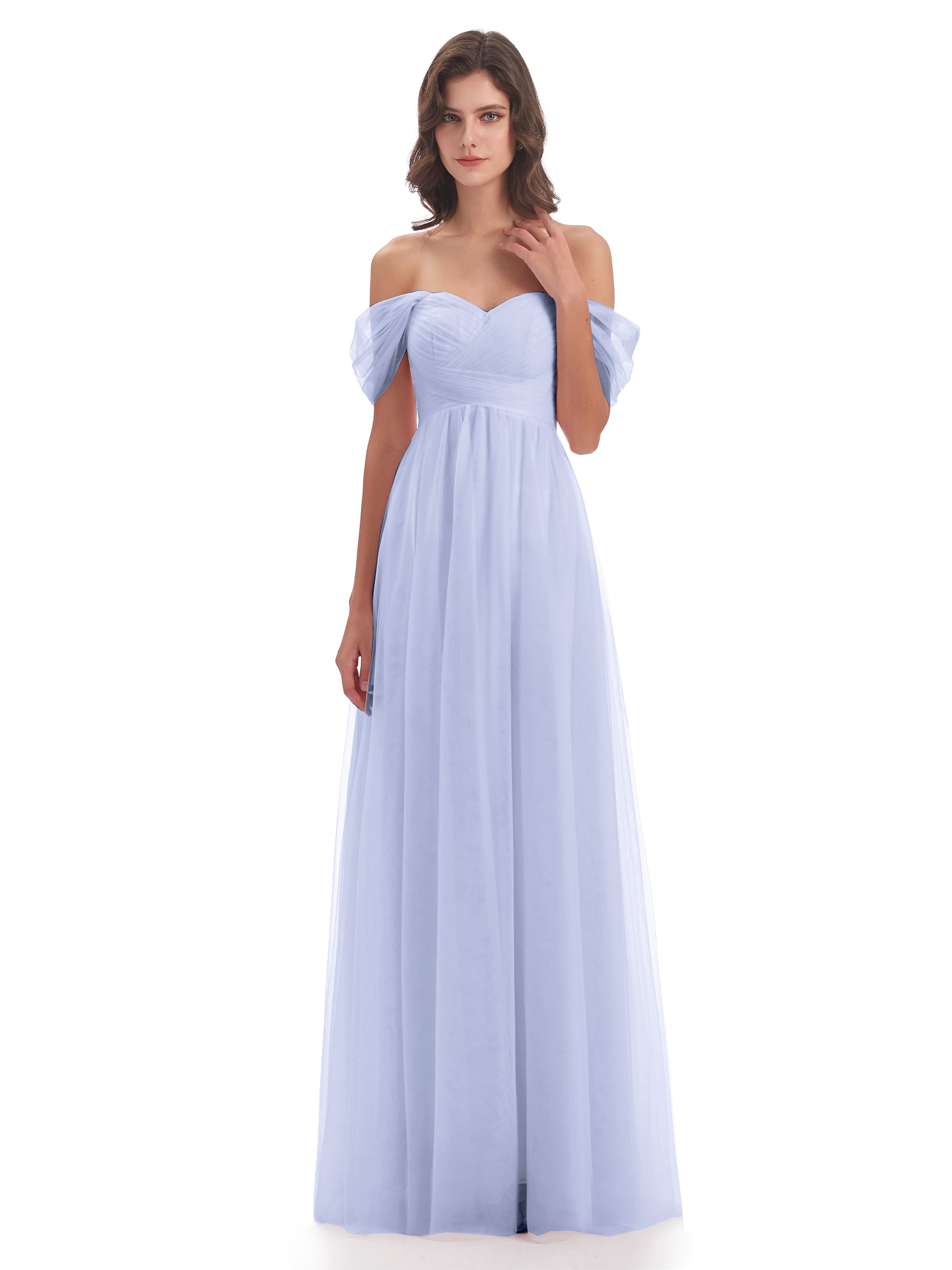 Robe Demoiselle D Honneur Couleur Lavande Trapèze Hors-La-Épaule Tulle Longue Robes Demoiselle D'Honneur