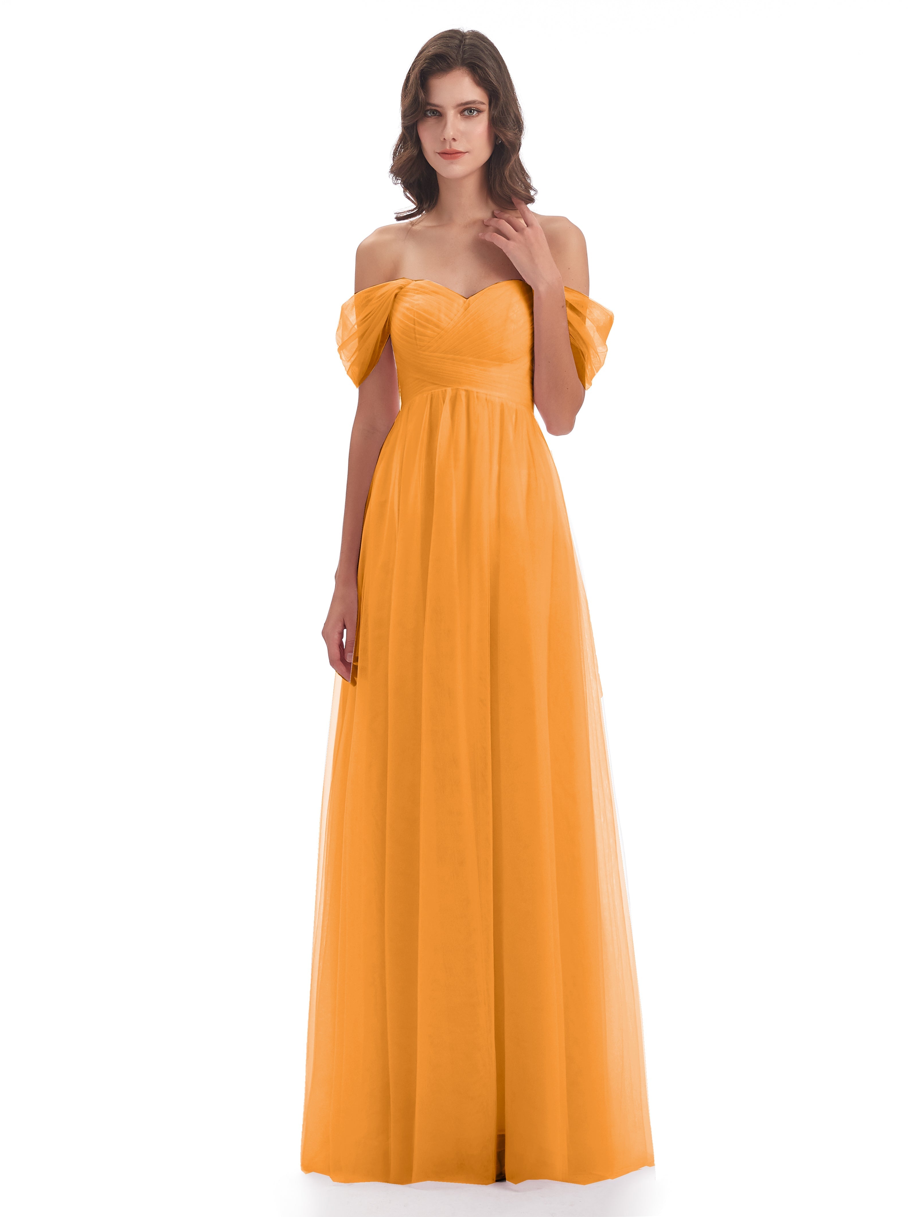 Robes De Demoiselle D'Honneur Mandarine Trapèze Hors-La-Épaule Tulle Longue Robes Demoiselle D'Honneur
