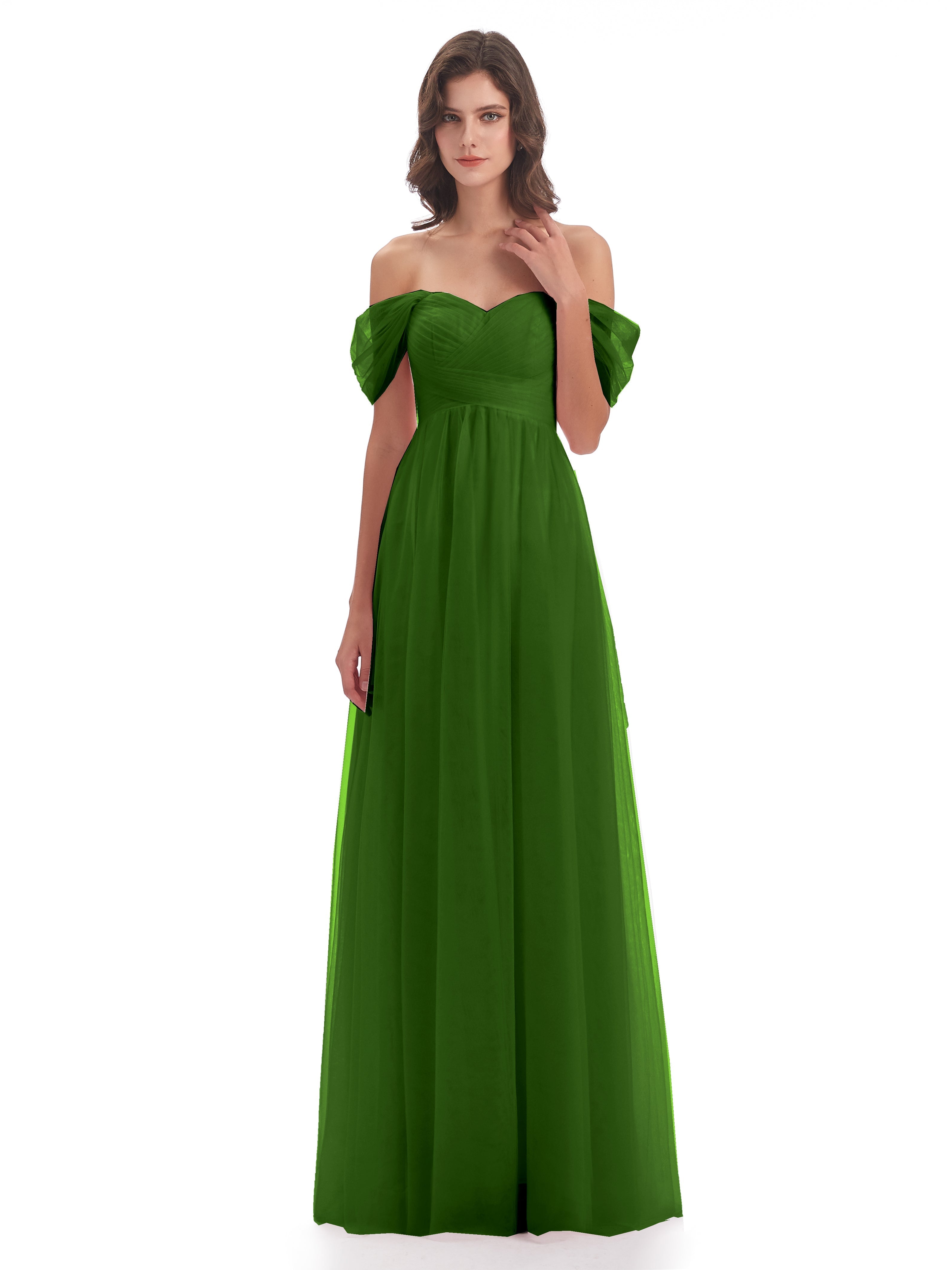 Robes De Demoiselle D'Honneur Vert Mousse Trapèze Hors-La-Épaule Tulle Longue Robes Demoiselle D'Honneur