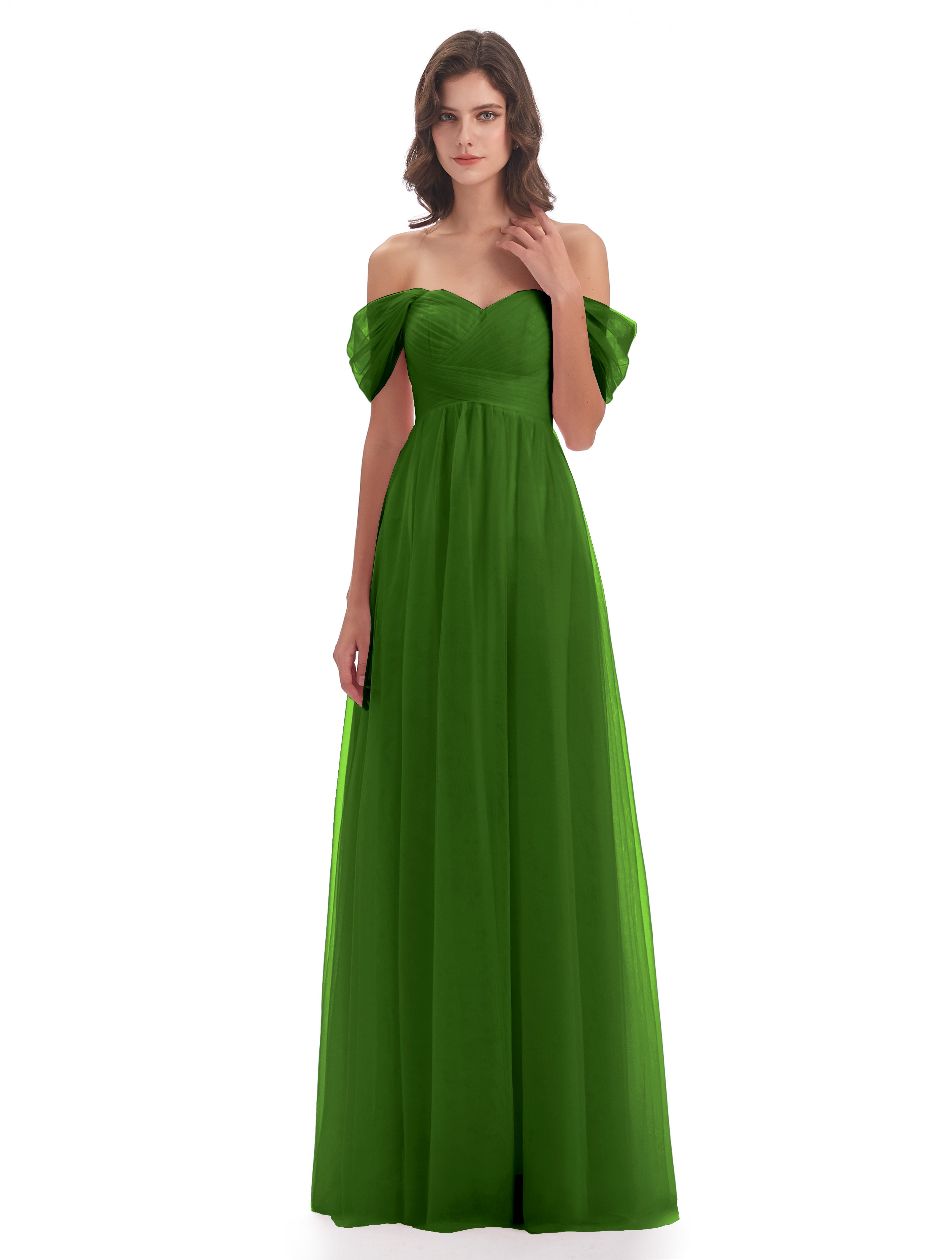 Robes De Demoiselle D'Honneur Vert Mousse Trapèze Hors-La-Épaule Tulle Longue Robes Demoiselle D'Honneur