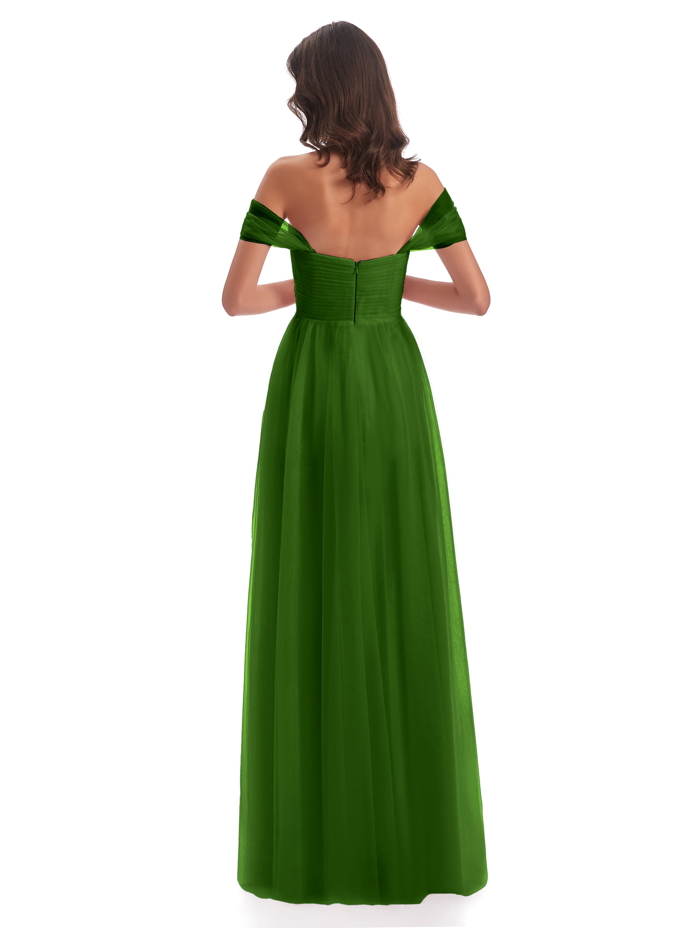Robes De Demoiselle D'Honneur Vert Mousse Trapèze Hors-La-Épaule Tulle Longue Robes Demoiselle D'Honneur