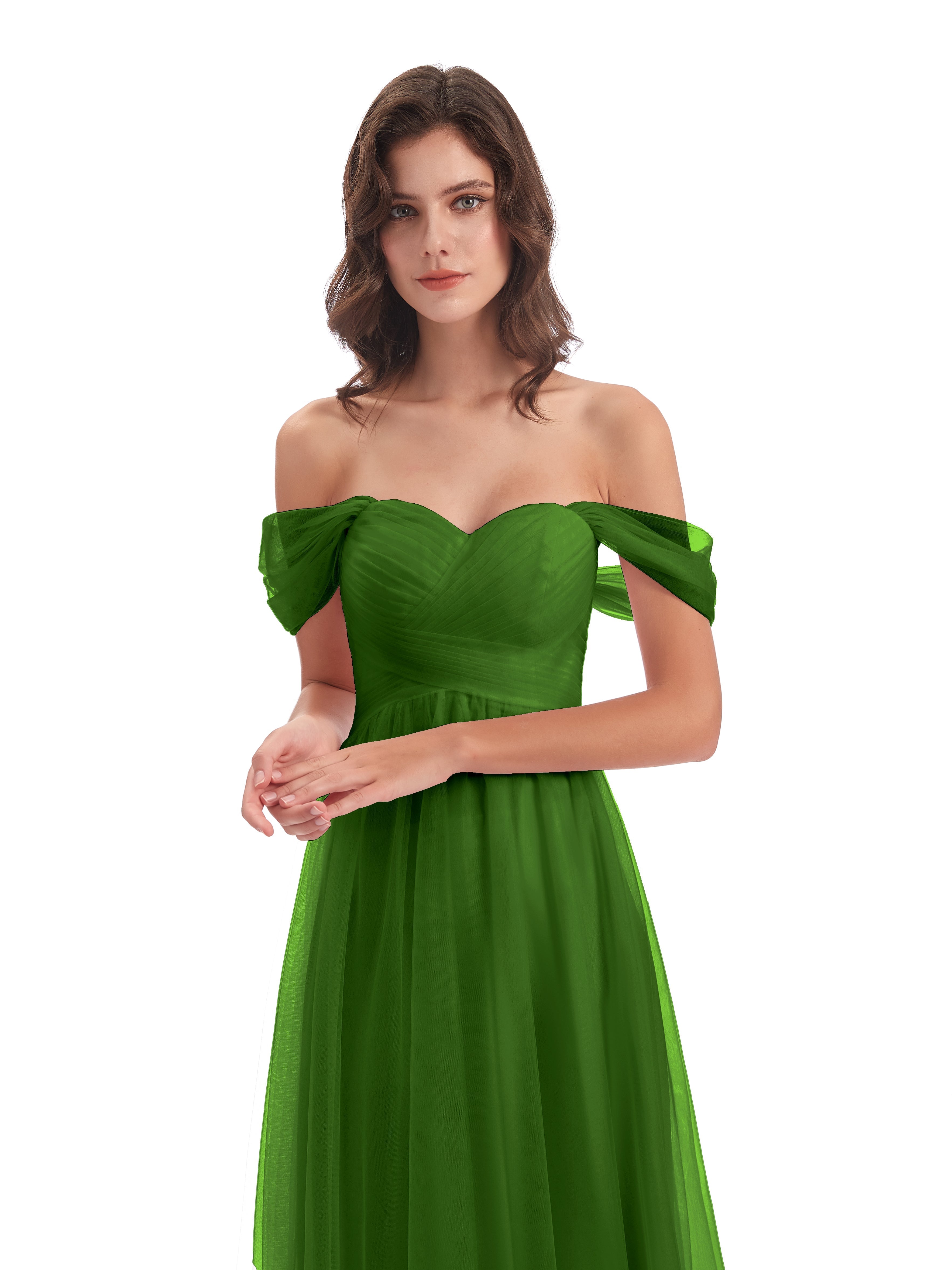 Robes De Demoiselle D'Honneur Vert Mousse Trapèze Hors-La-Épaule Tulle Longue Robes Demoiselle D'Honneur