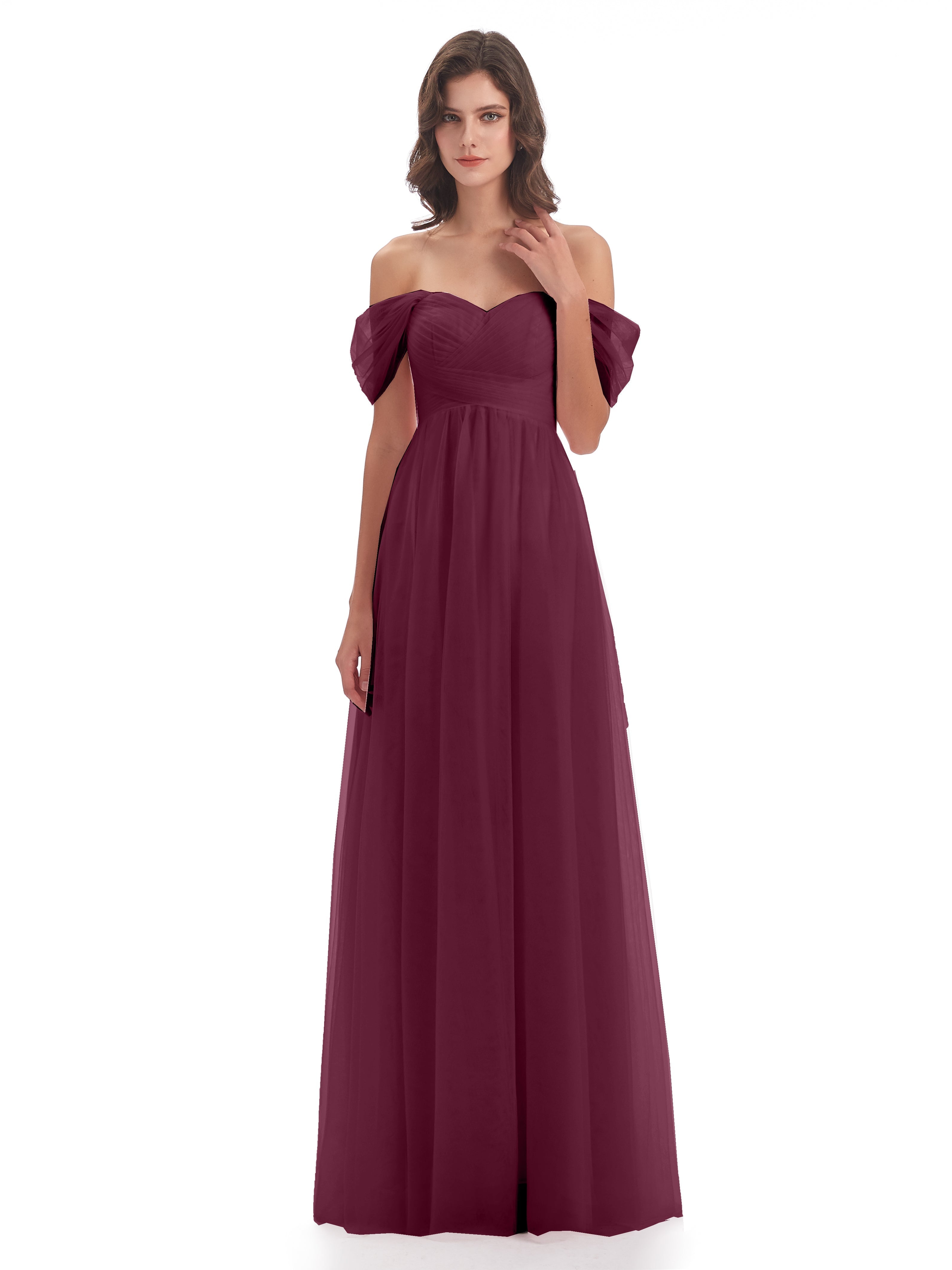 Robes De Demoiselle D'Honneur Mûre Trapèze Hors-La-Épaule Tulle Longue Robes Demoiselle D'Honneur