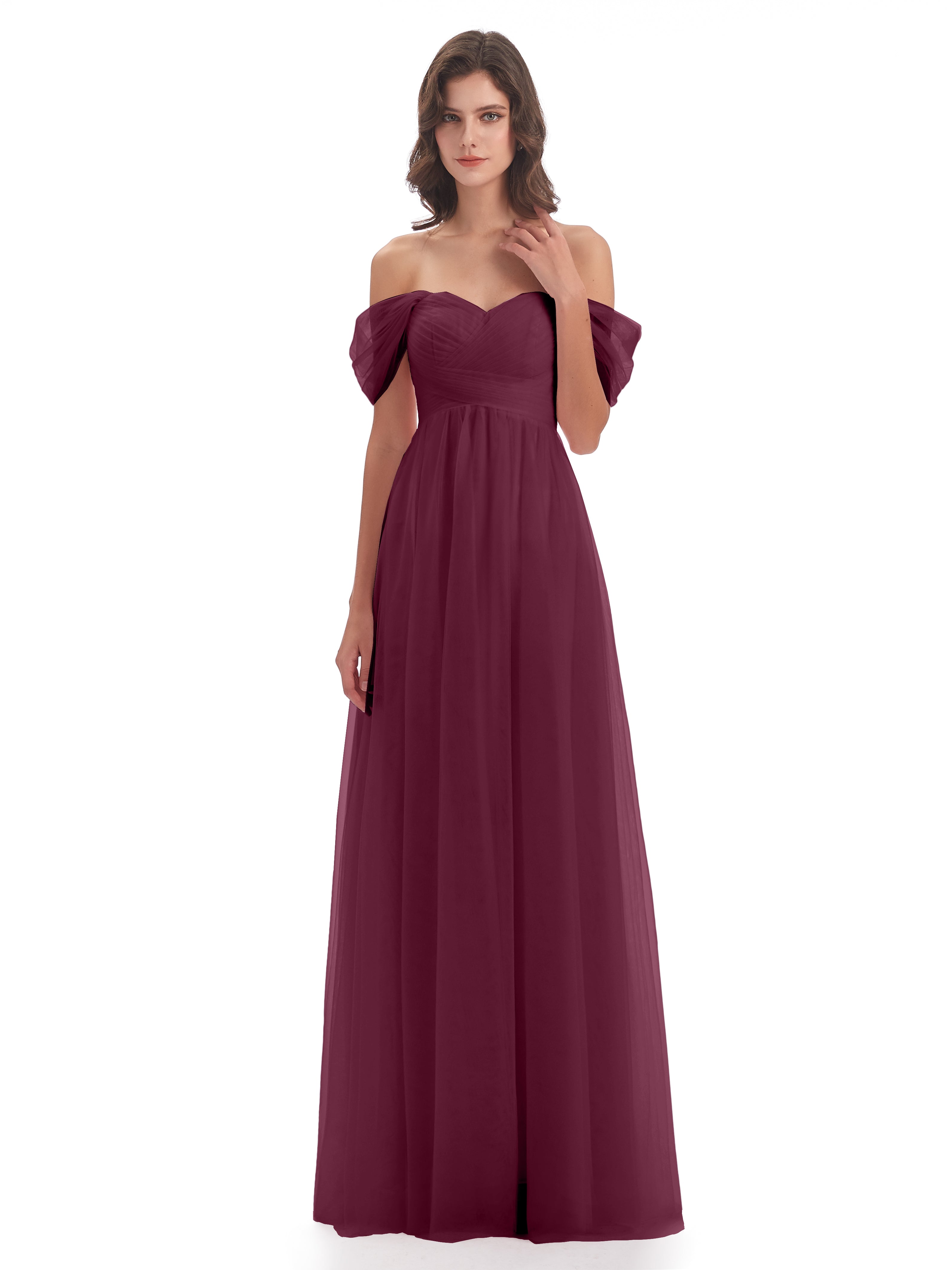 Robes De Demoiselle D'Honneur Mûre Trapèze Hors-La-Épaule Tulle Longue Robes Demoiselle D'Honneur