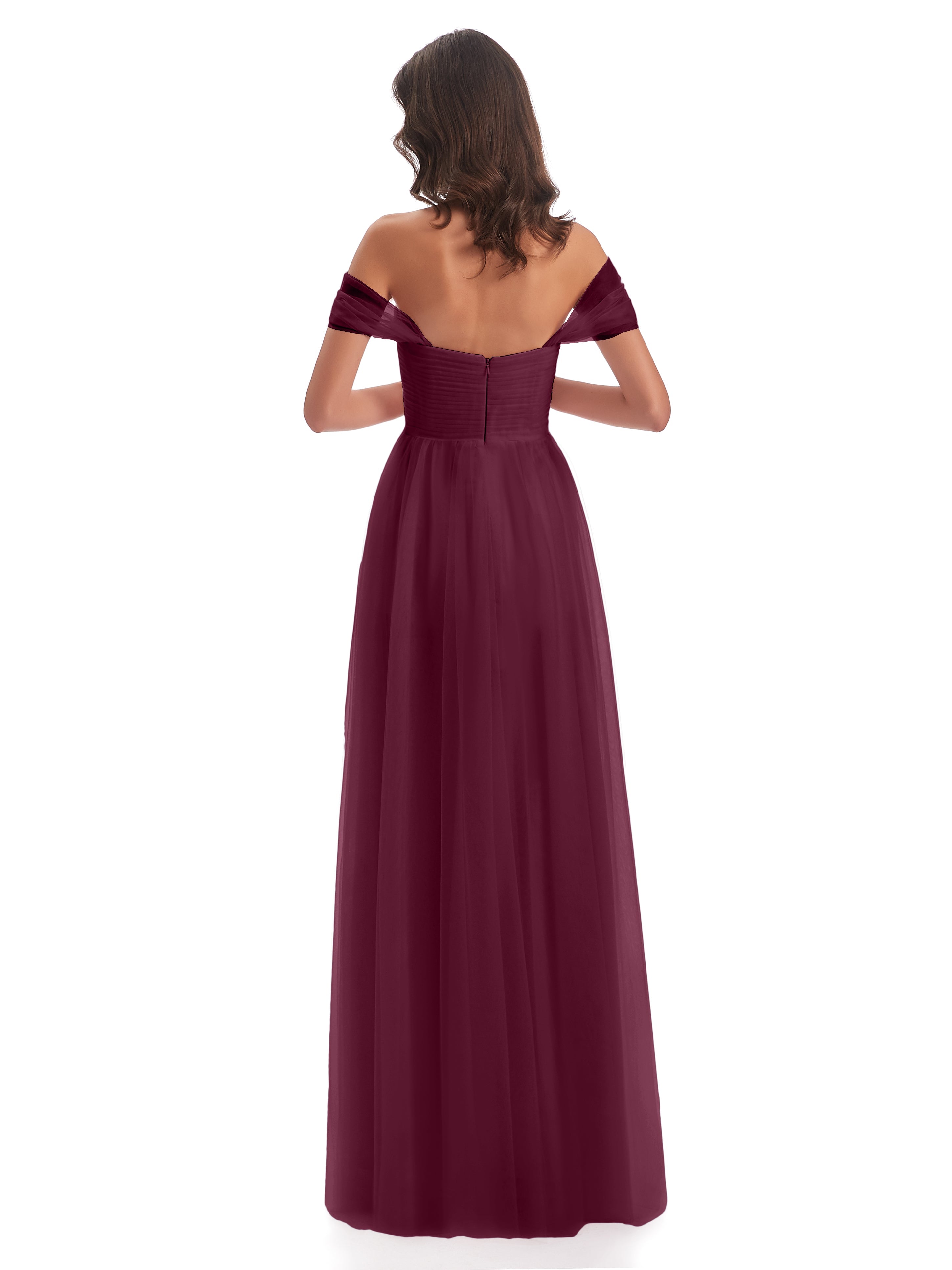 Robes De Demoiselle D'Honneur Mûre Trapèze Hors-La-Épaule Tulle Longue Robes Demoiselle D'Honneur