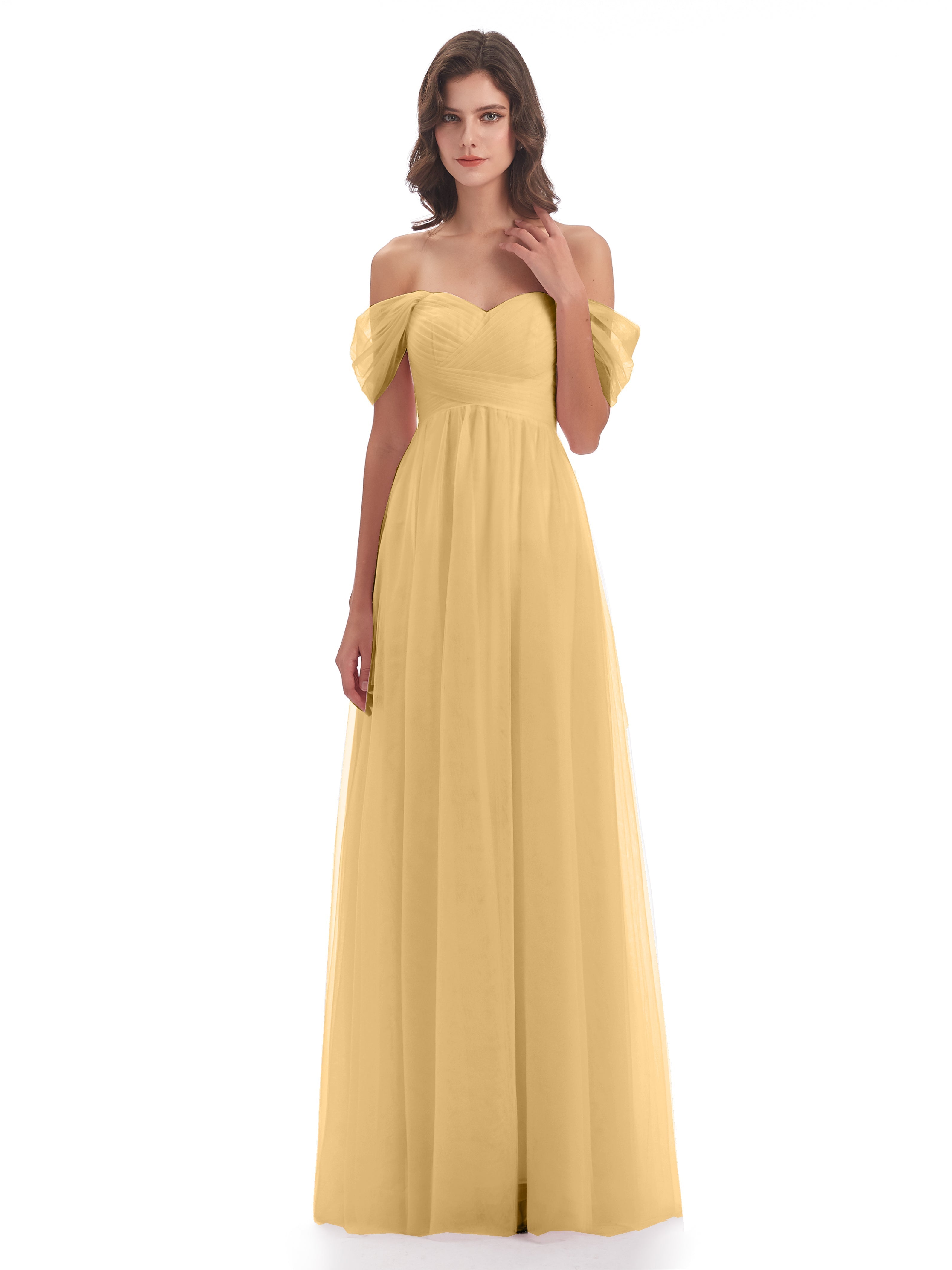 Robe De Demoiselle D Honneur Doree Trapèze Hors-La-Épaule Tulle Longue Robes Demoiselle D'Honneur