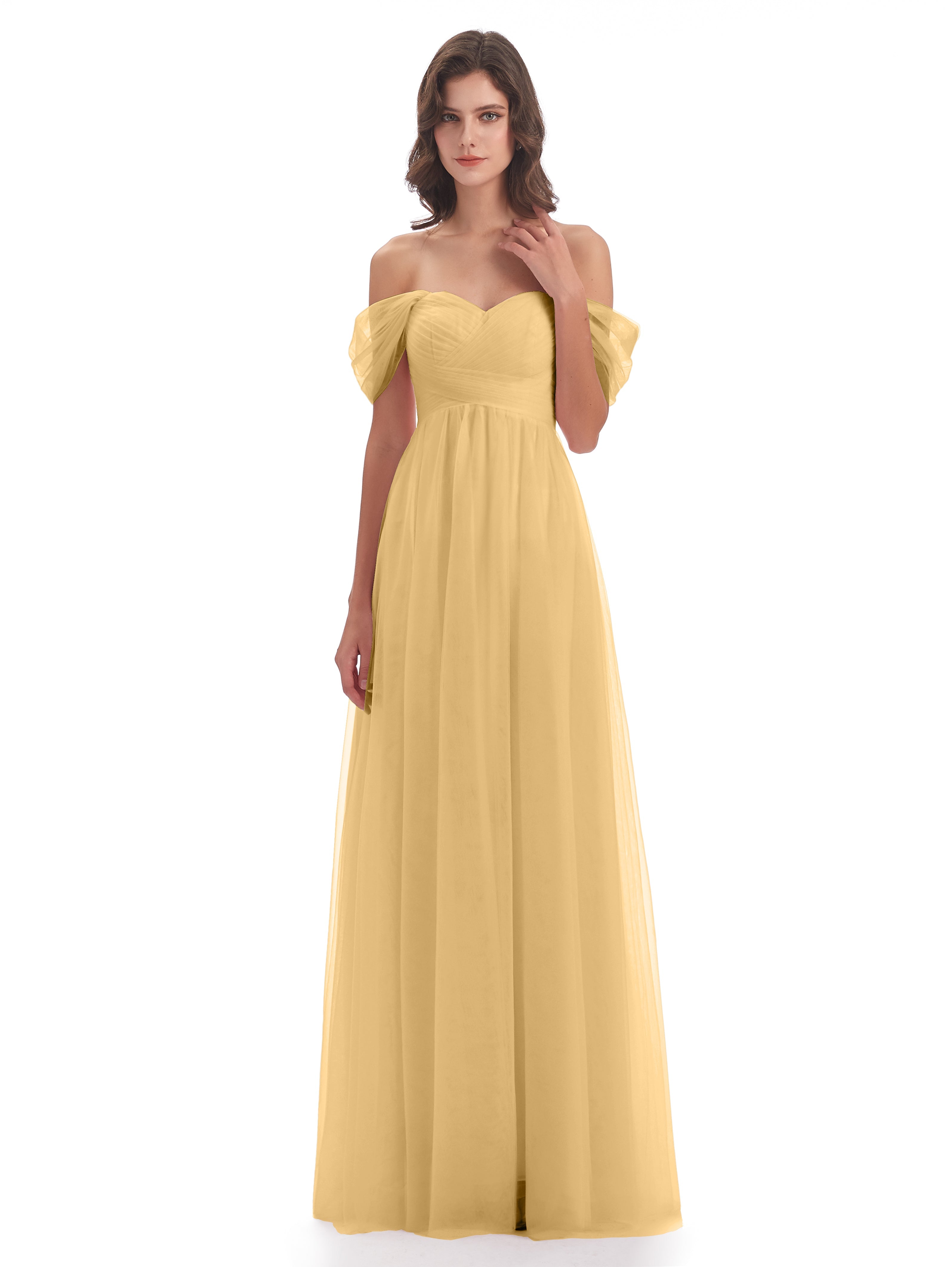 Robe De Demoiselle D Honneur Doree Trapèze Hors-La-Épaule Tulle Longue Robes Demoiselle D'Honneur