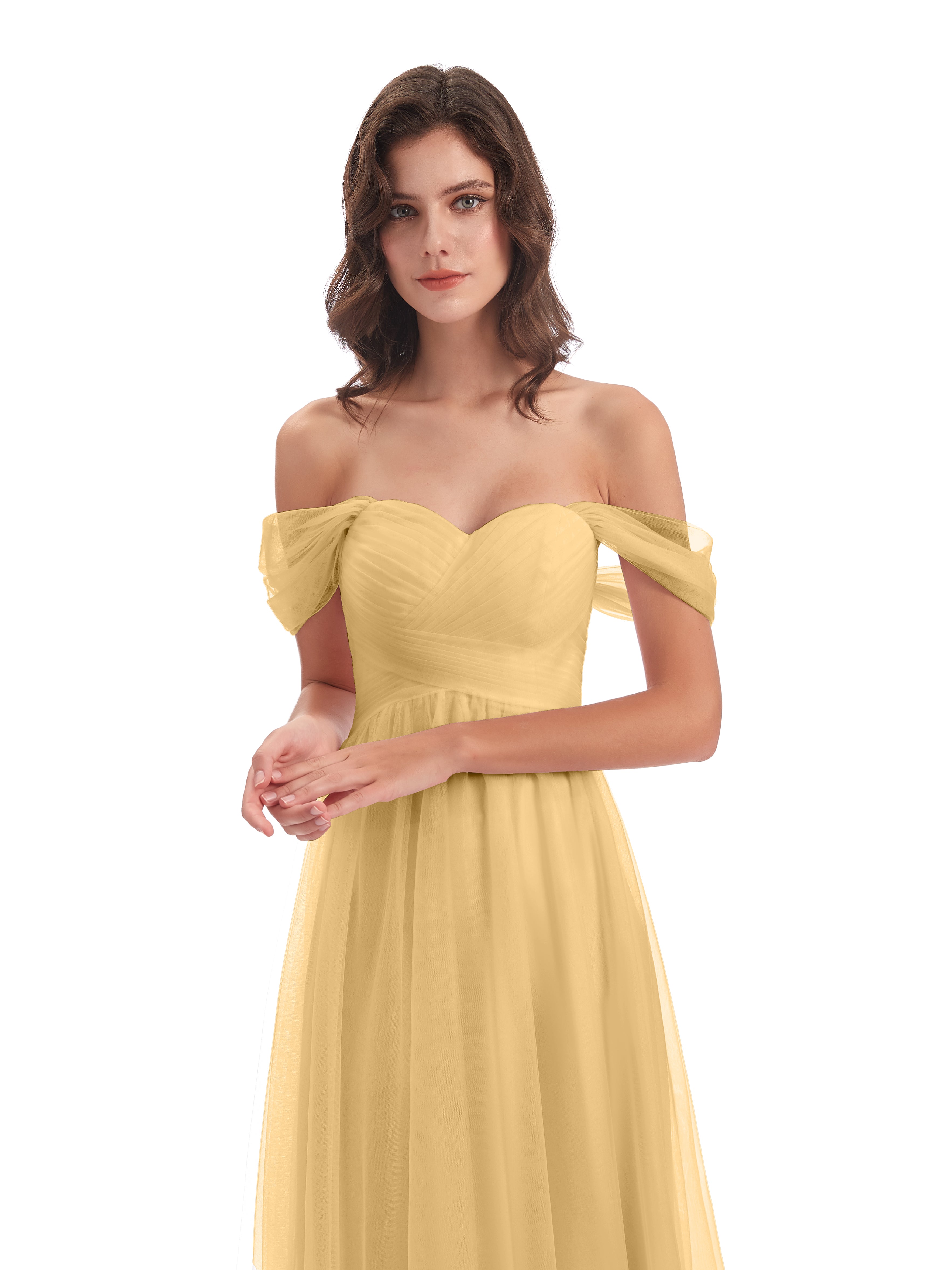 Robe De Demoiselle D Honneur Doree Trapèze Hors-La-Épaule Tulle Longue Robes Demoiselle D'Honneur