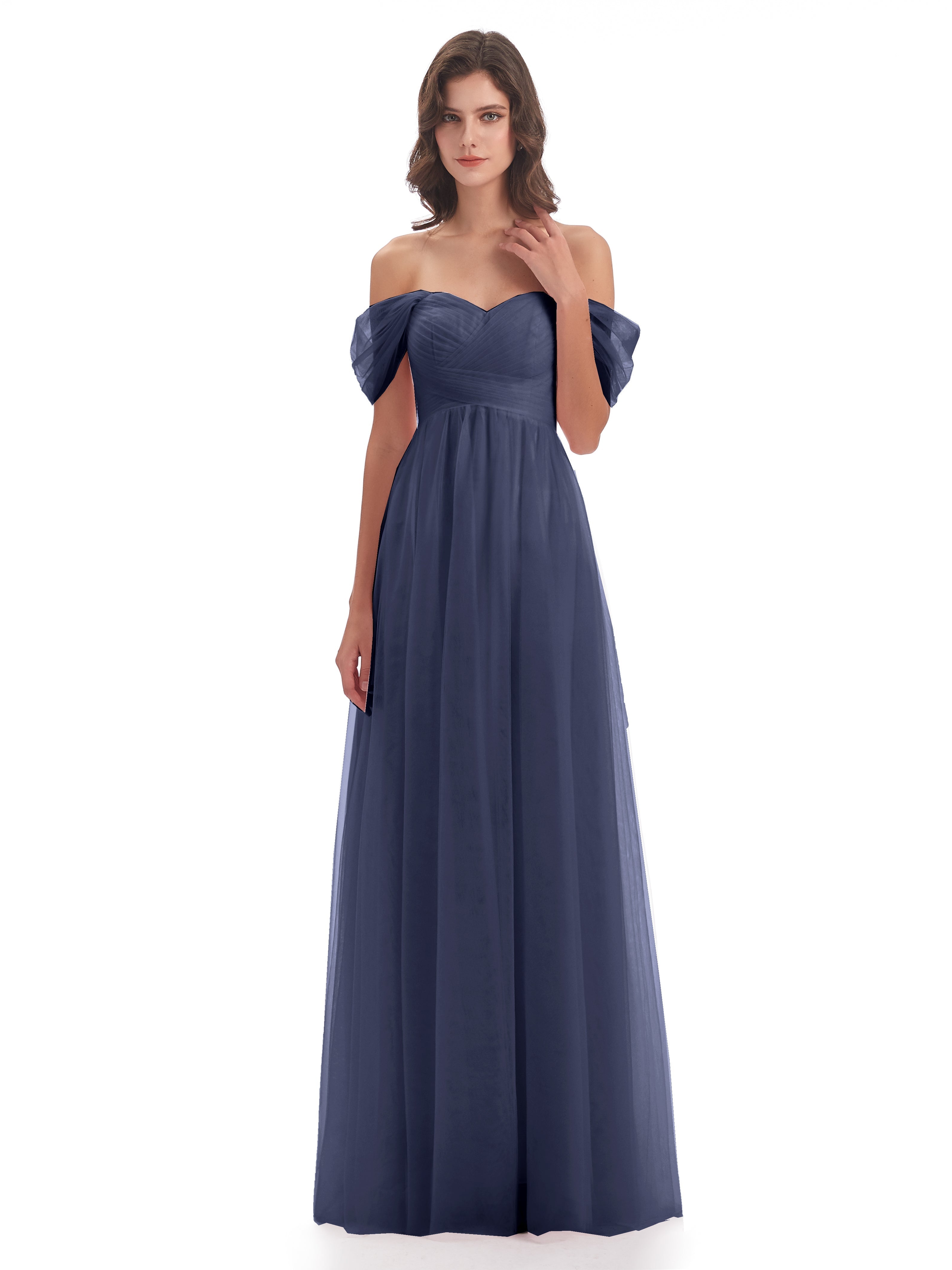 Robes De Demoiselle D'Honneur Bleu Orageux Trapèze Hors-La-Épaule Tulle Longue Robes Demoiselle D'Honneur