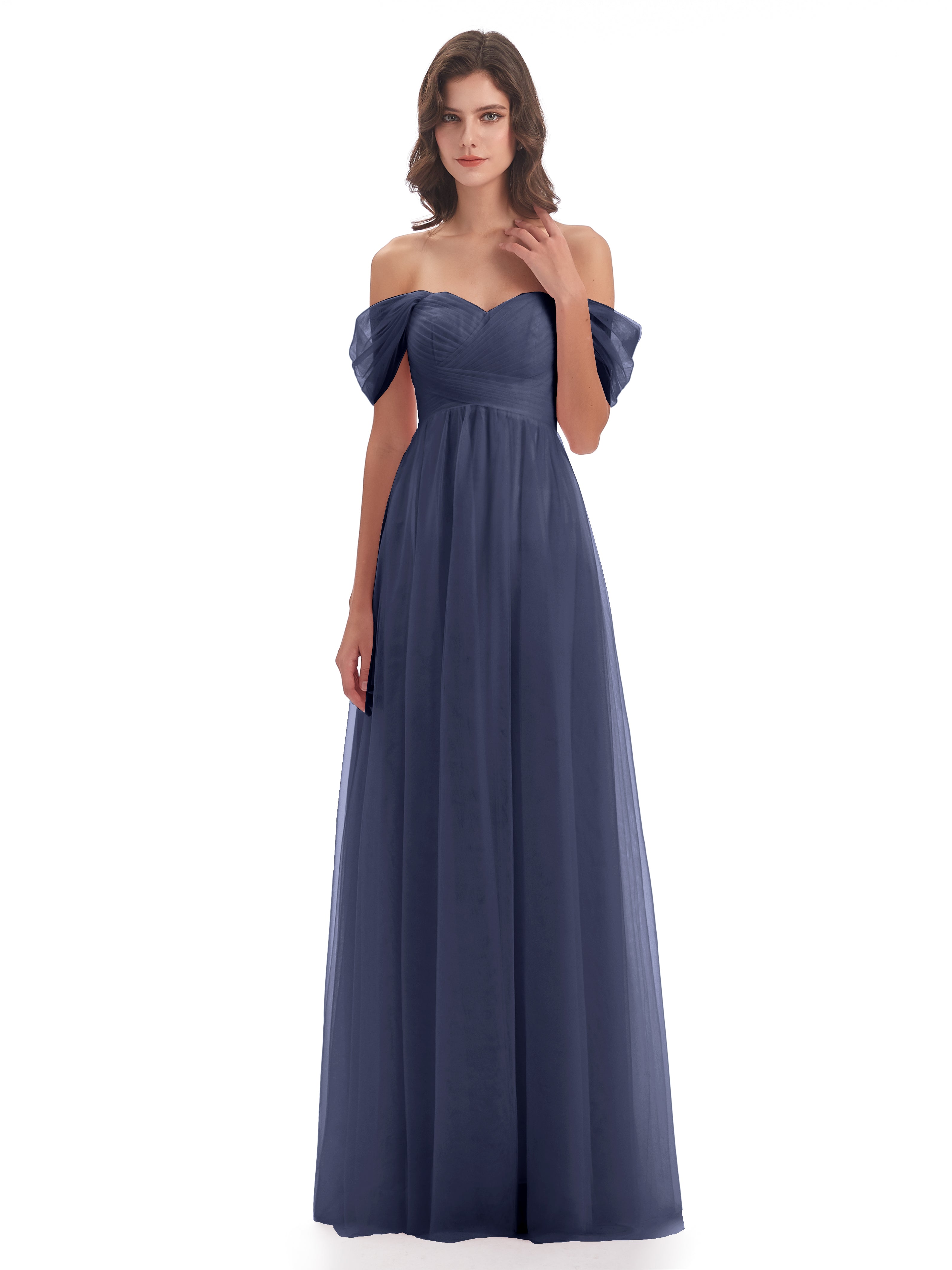 Robes De Demoiselle D'Honneur Bleu Orageux Trapèze Hors-La-Épaule Tulle Longue Robes Demoiselle D'Honneur