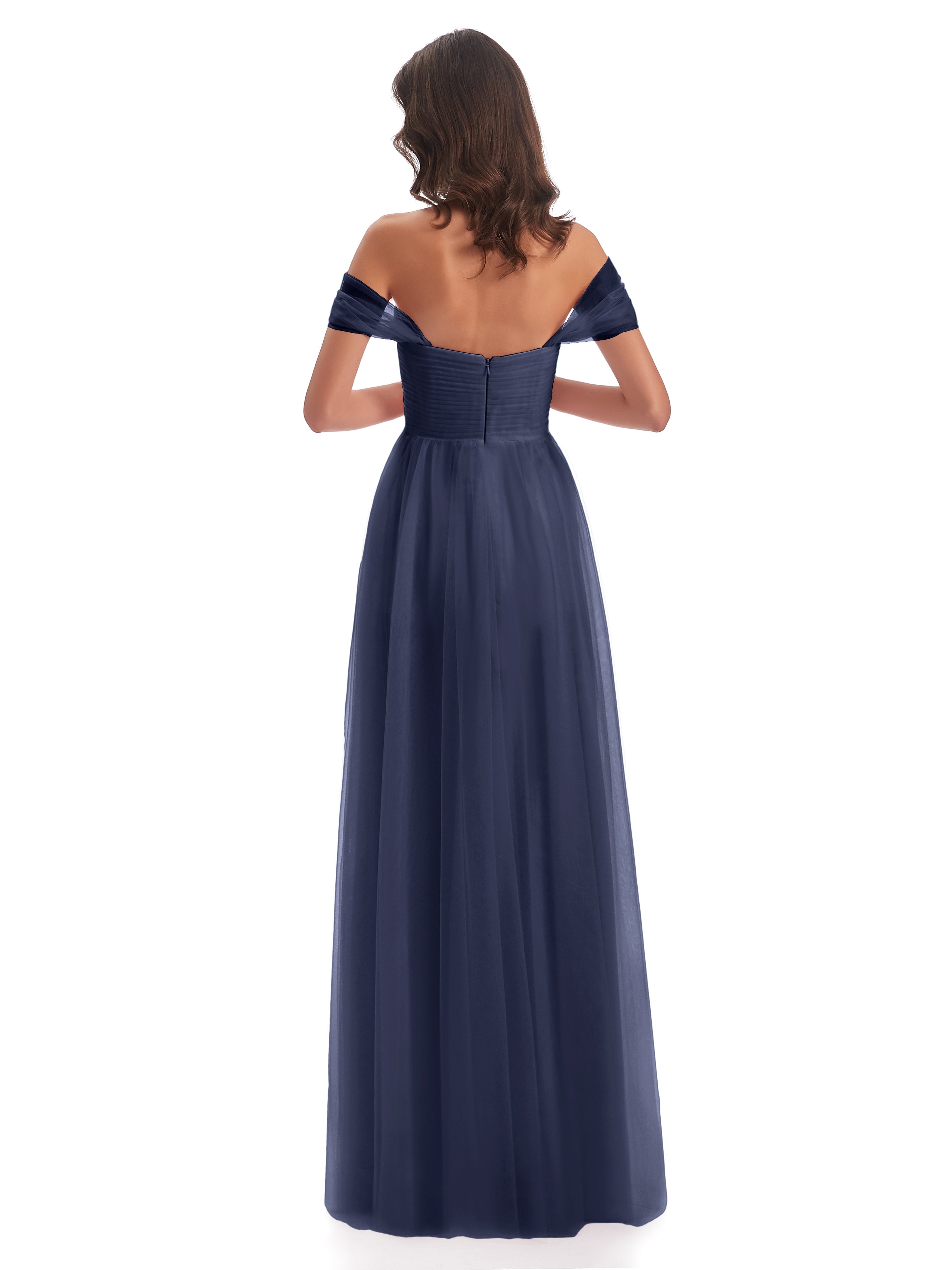 Robes De Demoiselle D'Honneur Bleu Orageux Trapèze Hors-La-Épaule Tulle Longue Robes Demoiselle D'Honneur