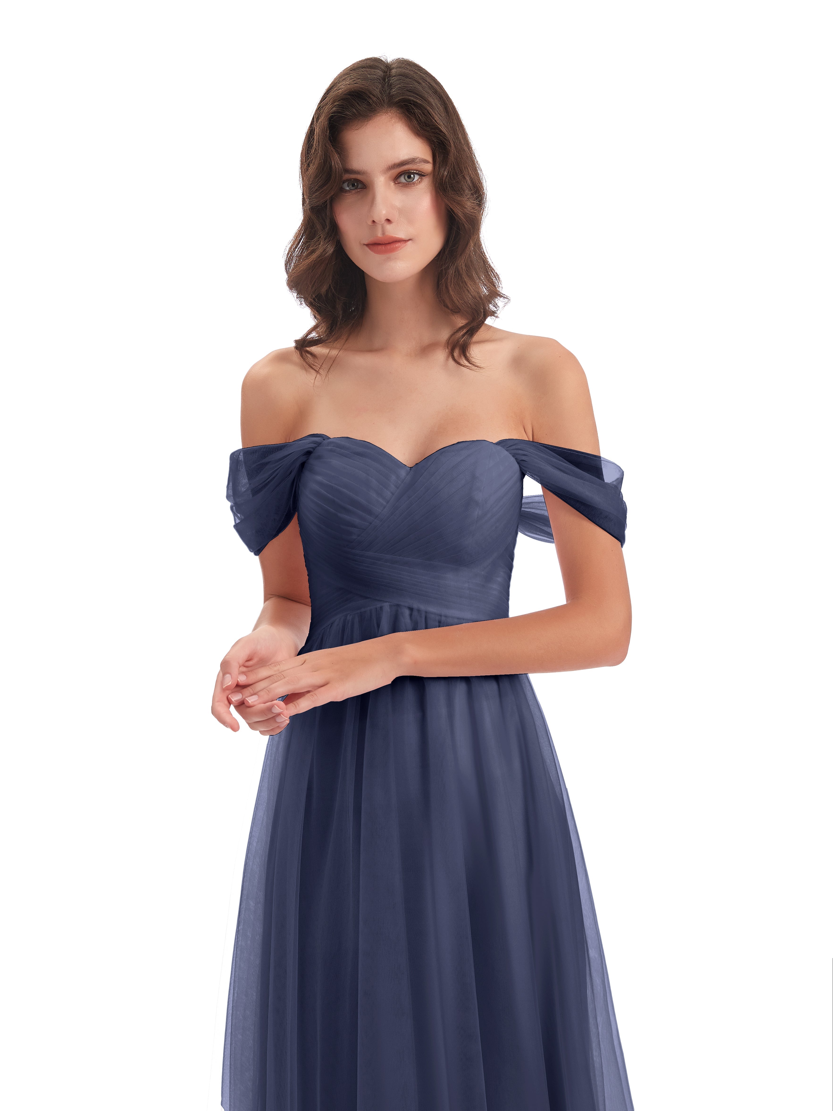 Robes De Demoiselle D'Honneur Bleu Orageux Trapèze Hors-La-Épaule Tulle Longue Robes Demoiselle D'Honneur