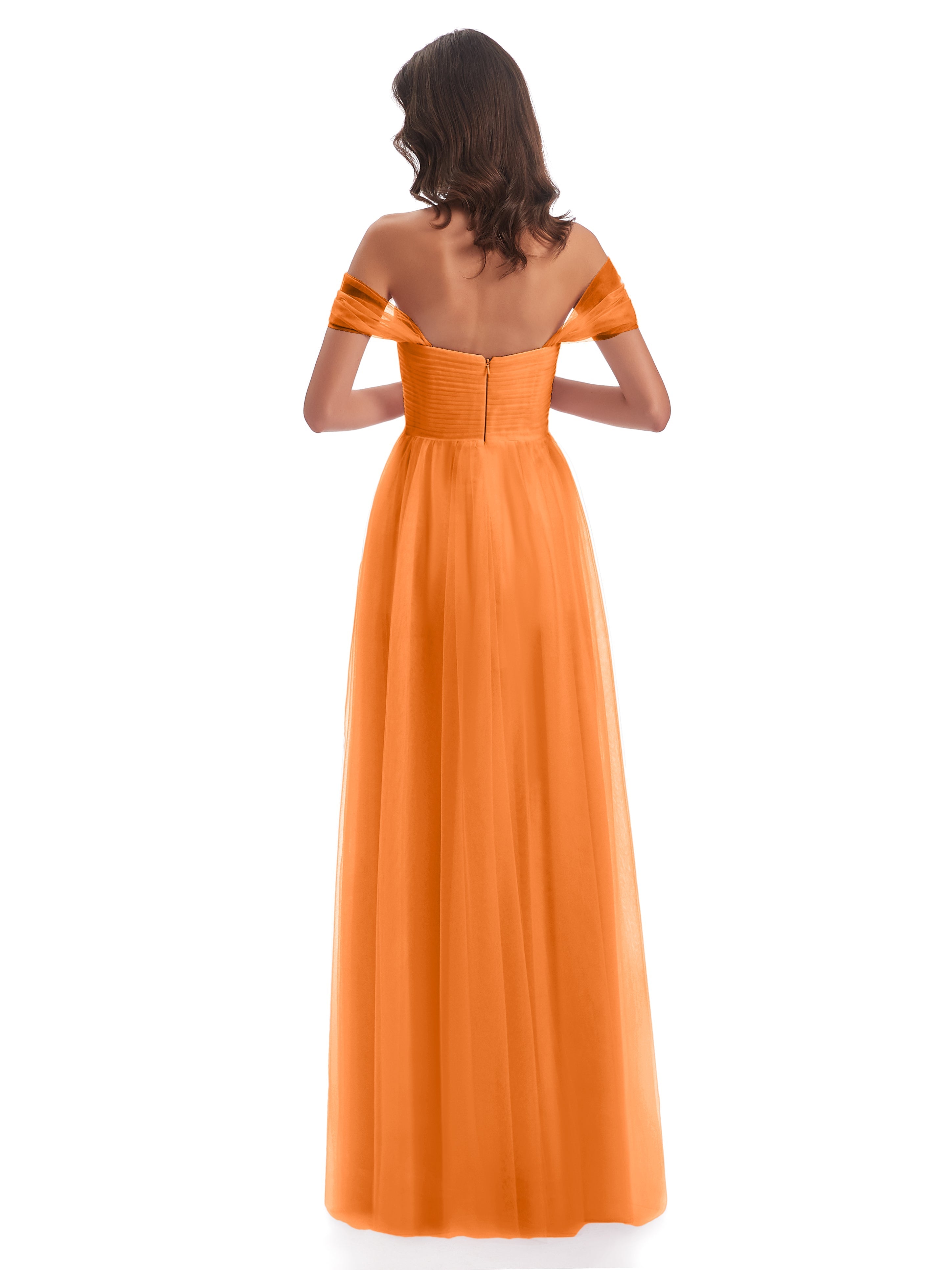 Robe Orange Demoiselle D Honneur Trapèze Hors-La-Épaule Tulle Longue Robes Demoiselle D'Honneur
