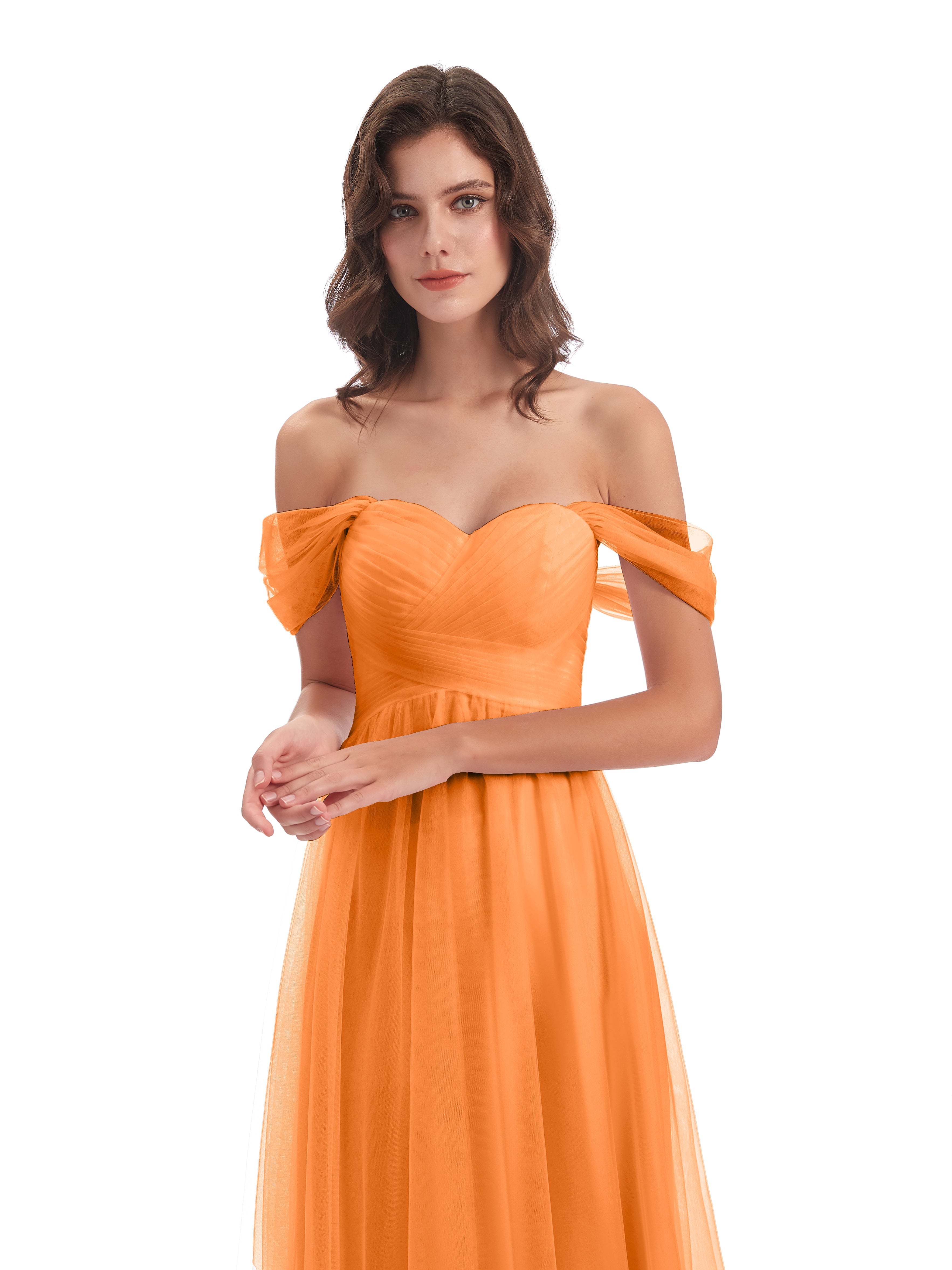 Robe Orange Demoiselle D Honneur Trapèze Hors-La-Épaule Tulle Longue Robes Demoiselle D'Honneur