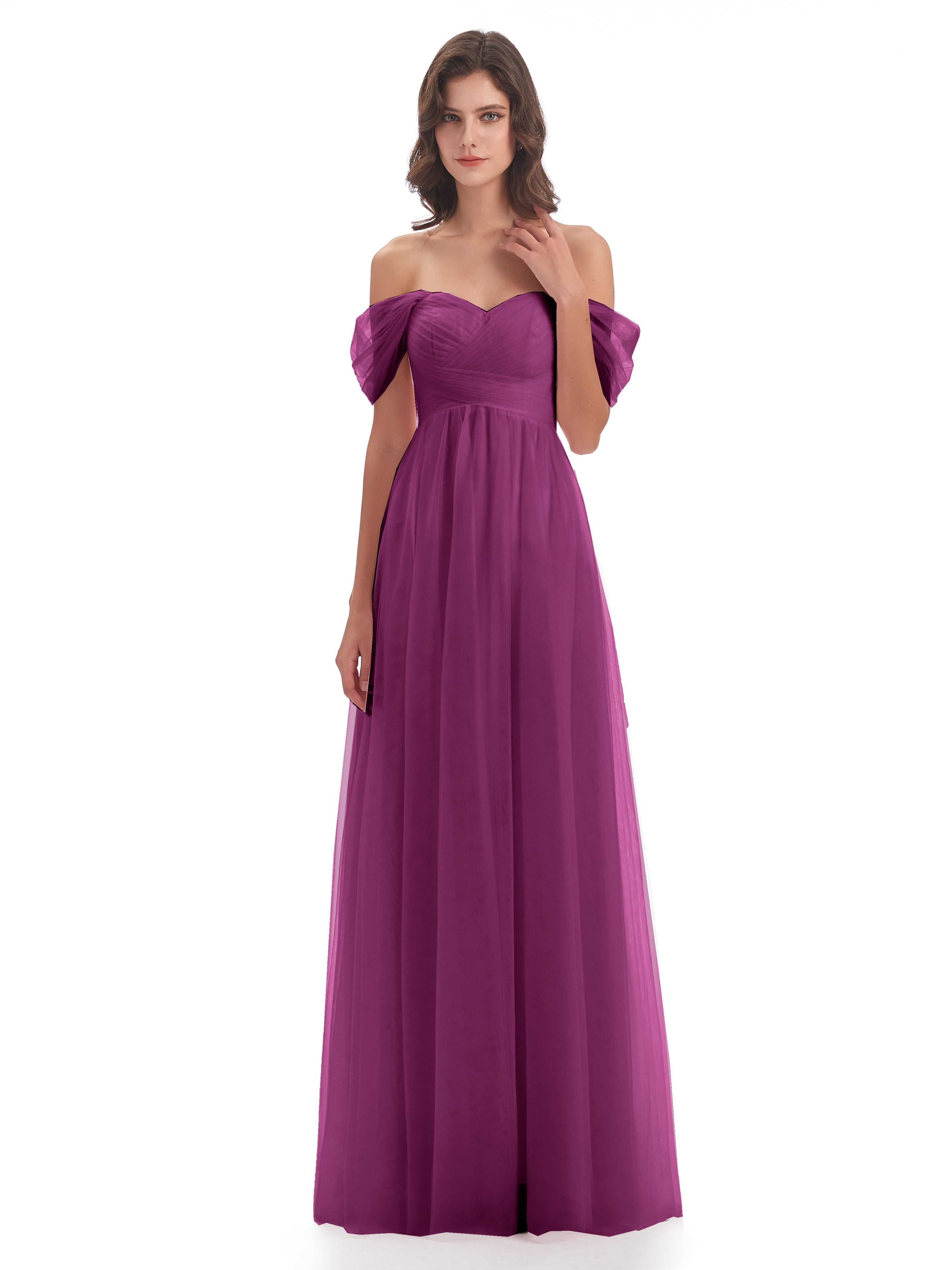 Robes De Demoiselle D'Honneur Orchidée Trapèze Hors-La-Épaule Tulle Longue Robes Demoiselle D'Honneur
