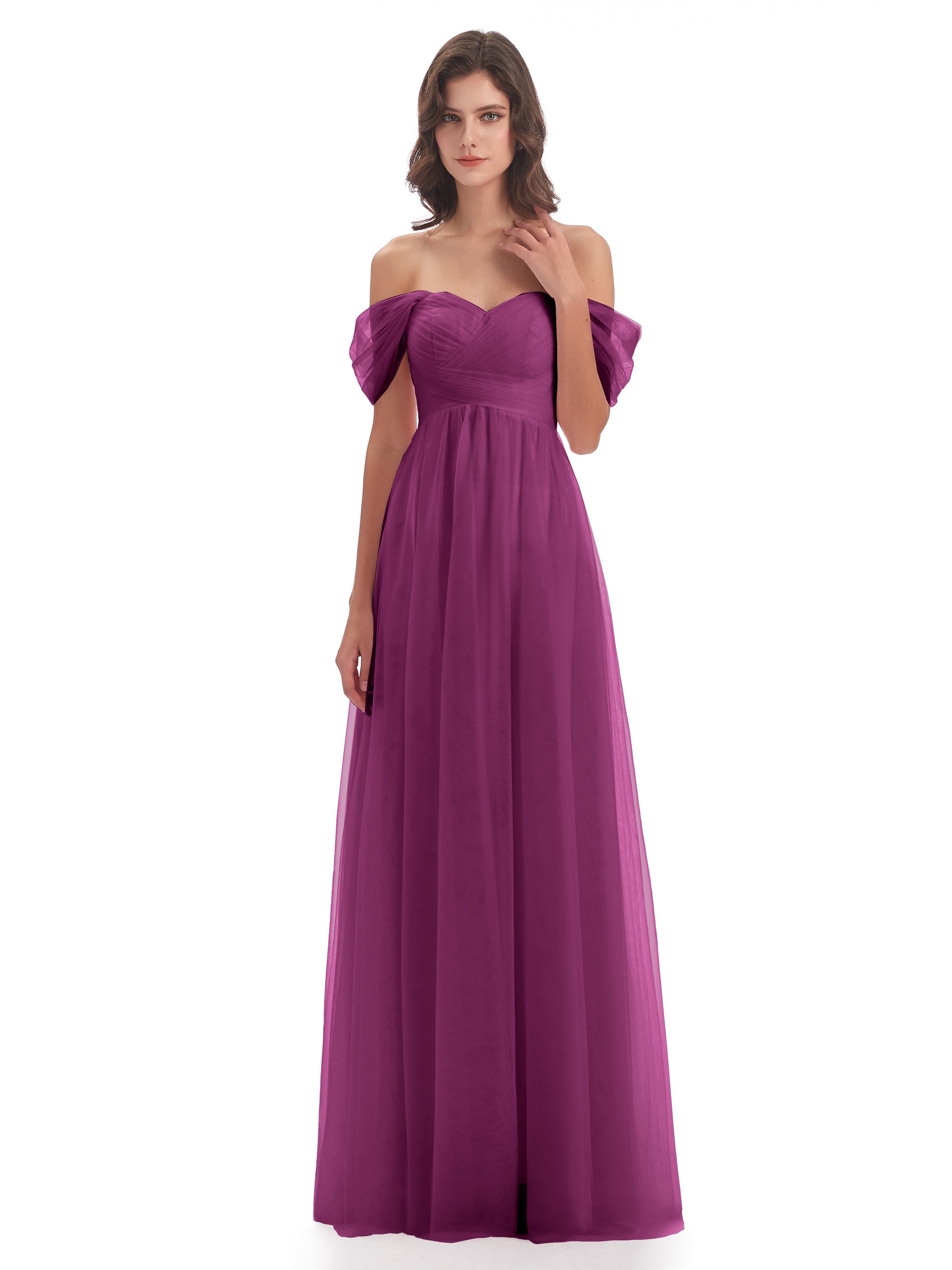 Robes De Demoiselle D'Honneur Orchidée Trapèze Hors-La-Épaule Tulle Longue Robes Demoiselle D'Honneur