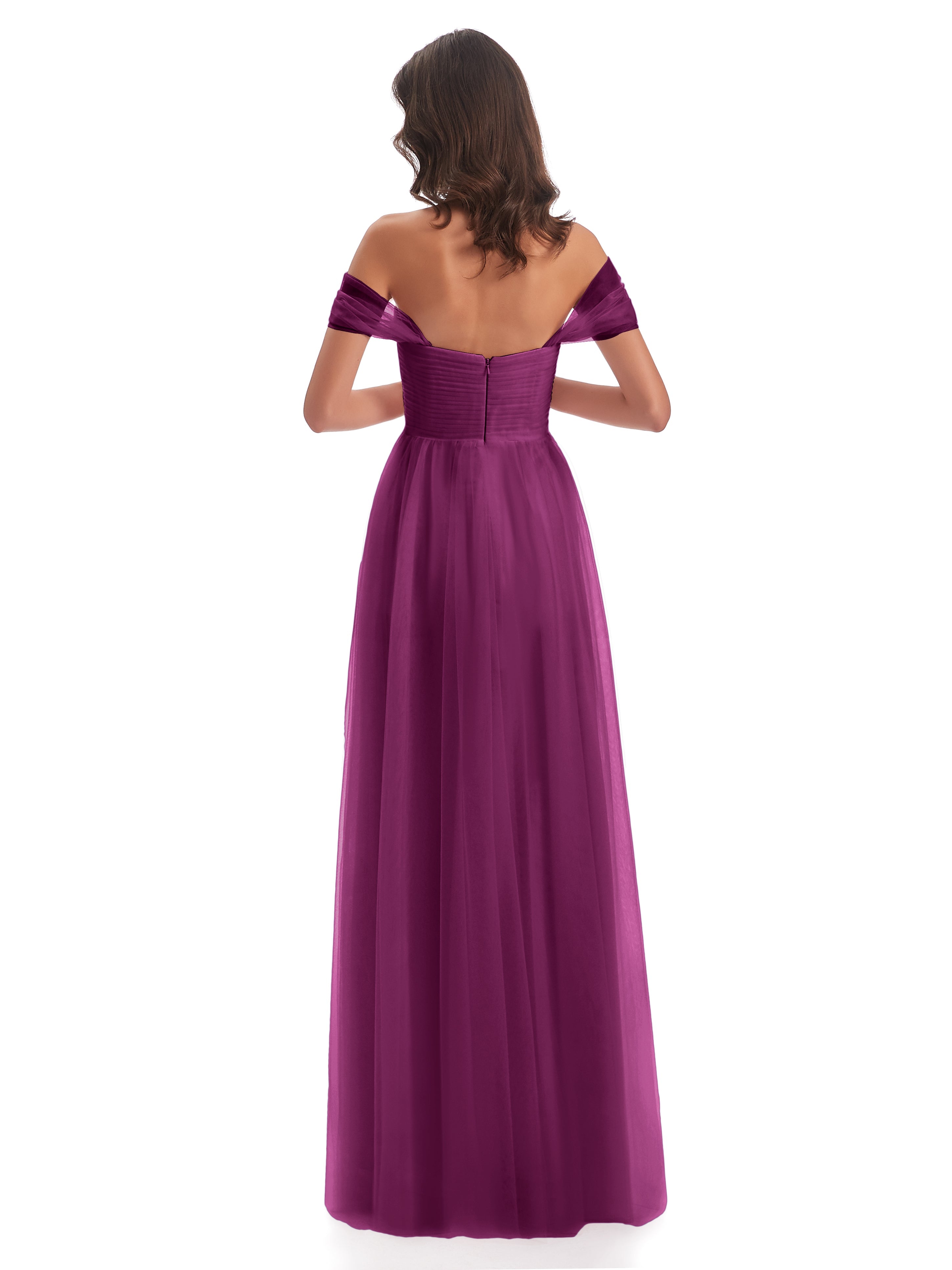 Robes De Demoiselle D'Honneur Orchidée Trapèze Hors-La-Épaule Tulle Longue Robes Demoiselle D'Honneur