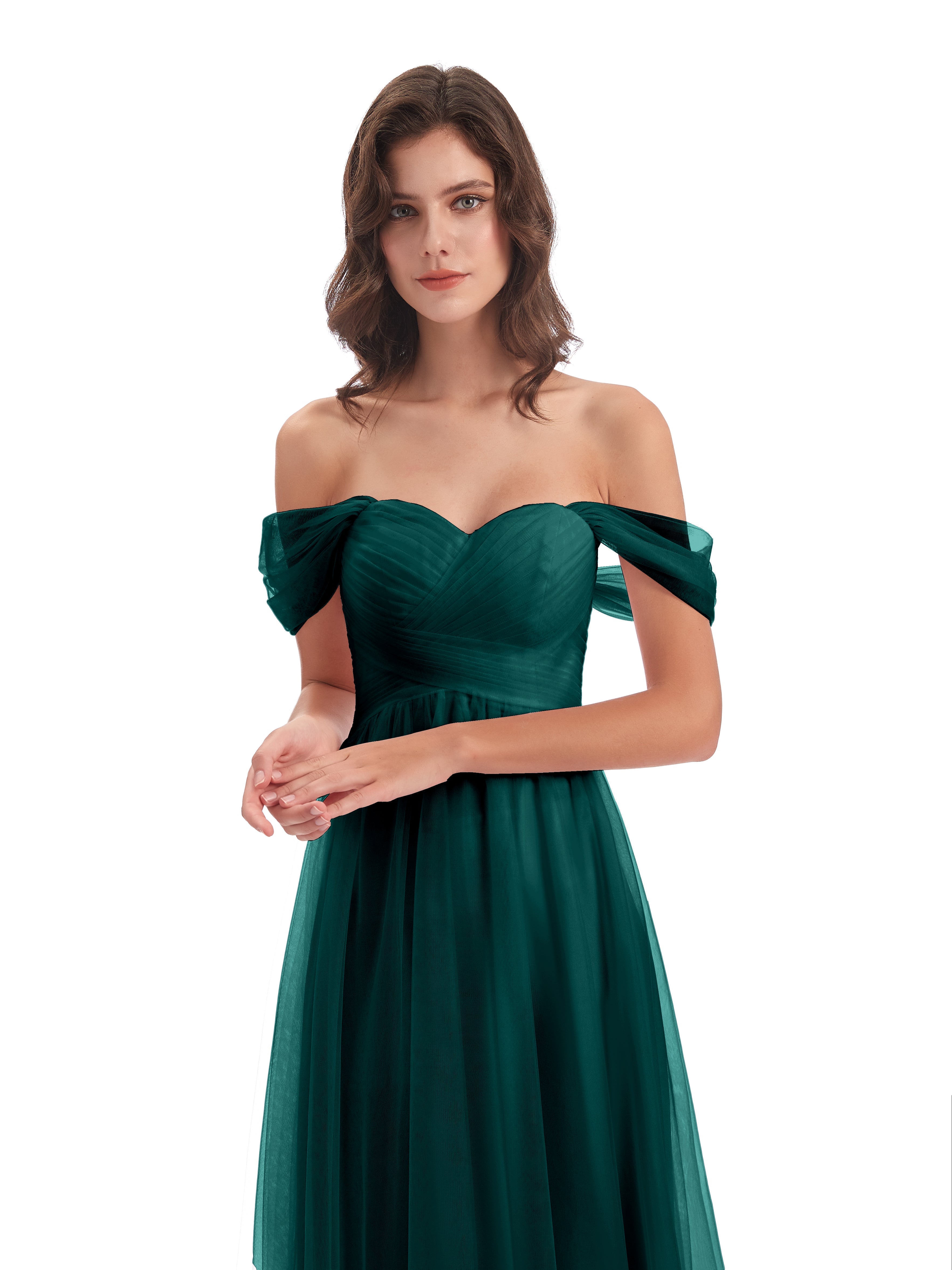 Demoiselles D'Honneur De Paon Trapèze Hors-La-Épaule Tulle Longue Robes Demoiselle D'Honneur
