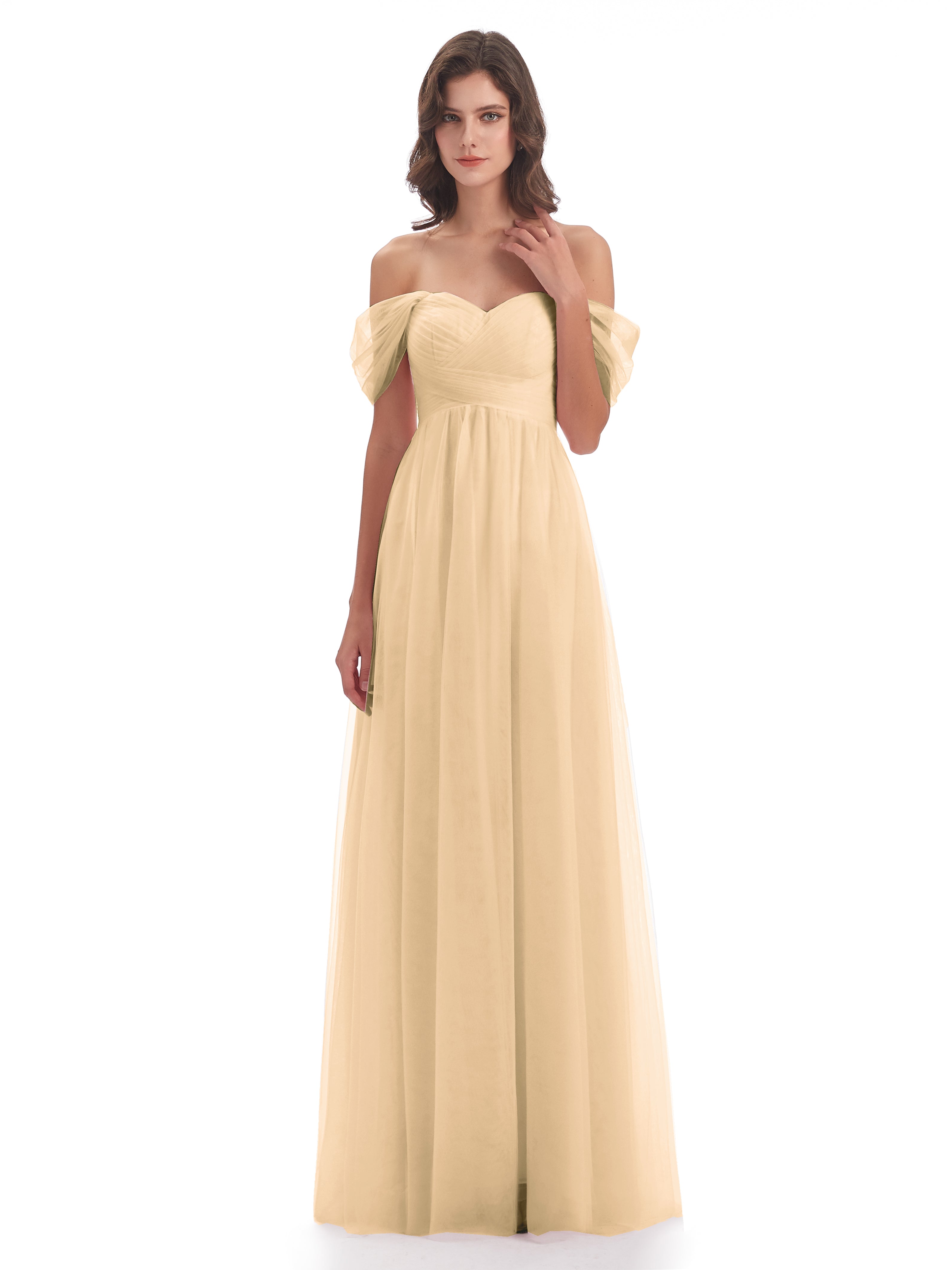 Robe De Demoiselle D Honneur Couleur Peche Trapèze Hors-La-Épaule Tulle Longue Robes Demoiselle D'Honneur
