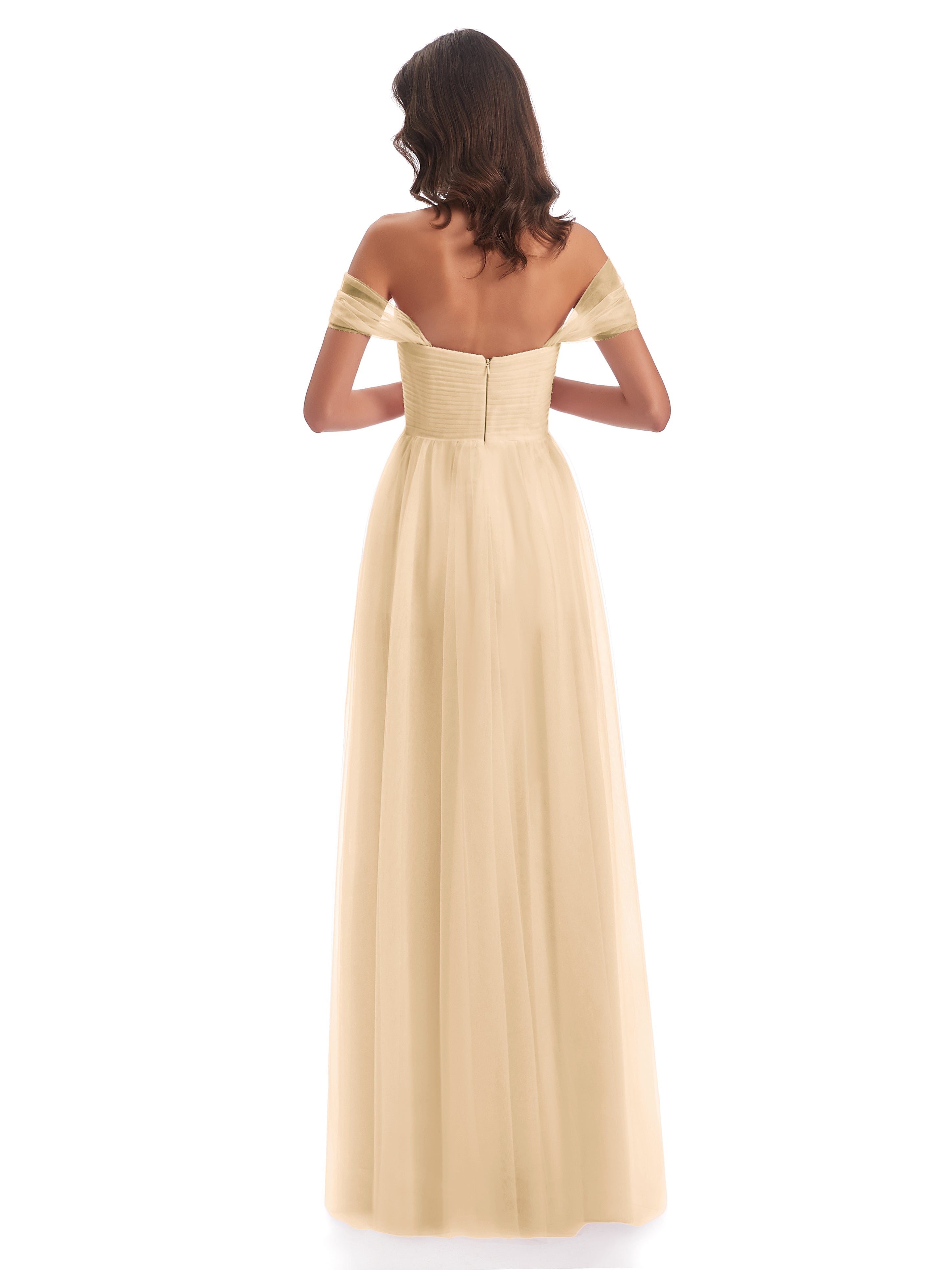 Robe De Demoiselle D Honneur Couleur Peche Trapèze Hors-La-Épaule Tulle Longue Robes Demoiselle D'Honneur