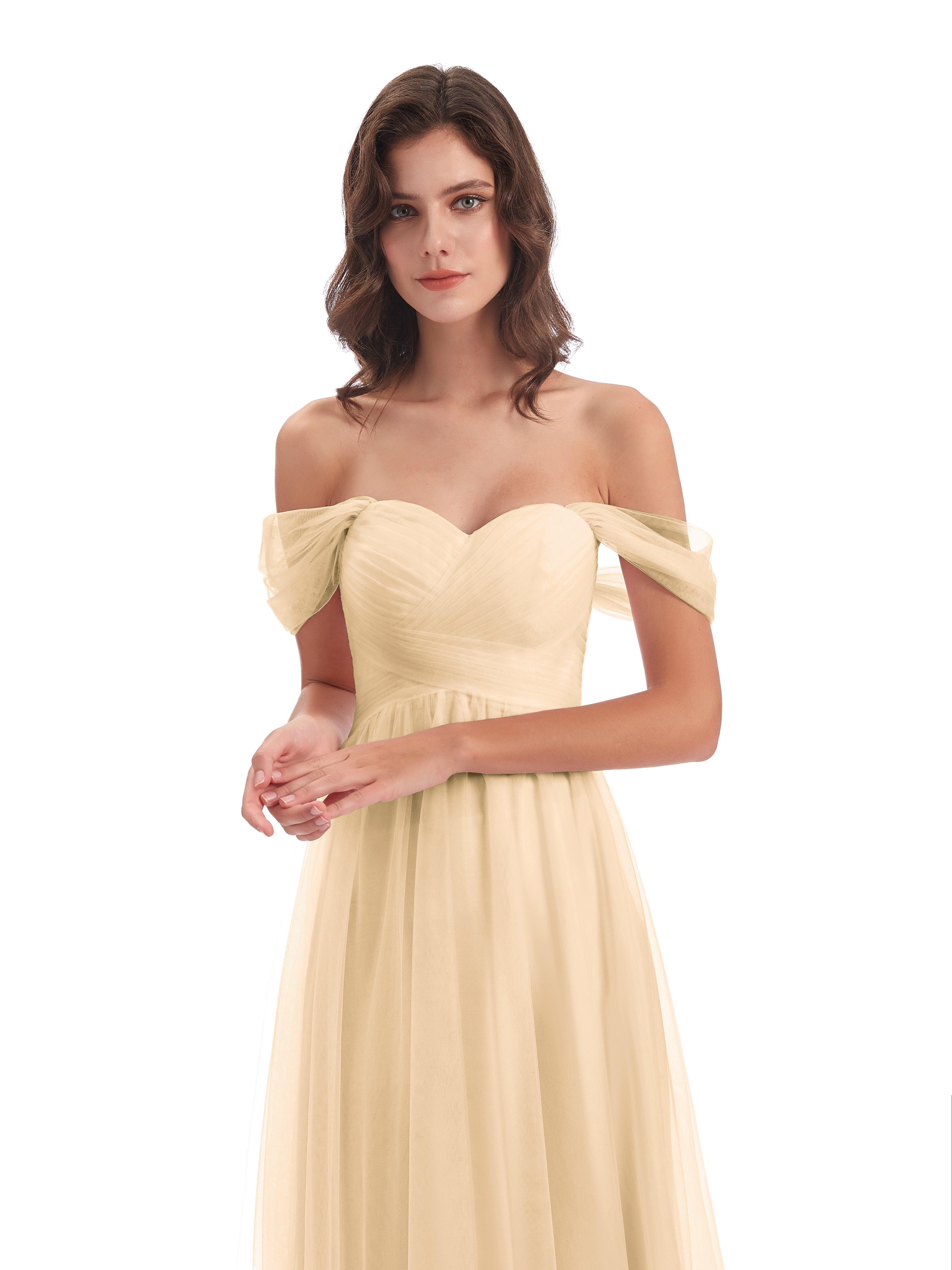Robe De Demoiselle D Honneur Couleur Peche Trapèze Hors-La-Épaule Tulle Longue Robes Demoiselle D'Honneur