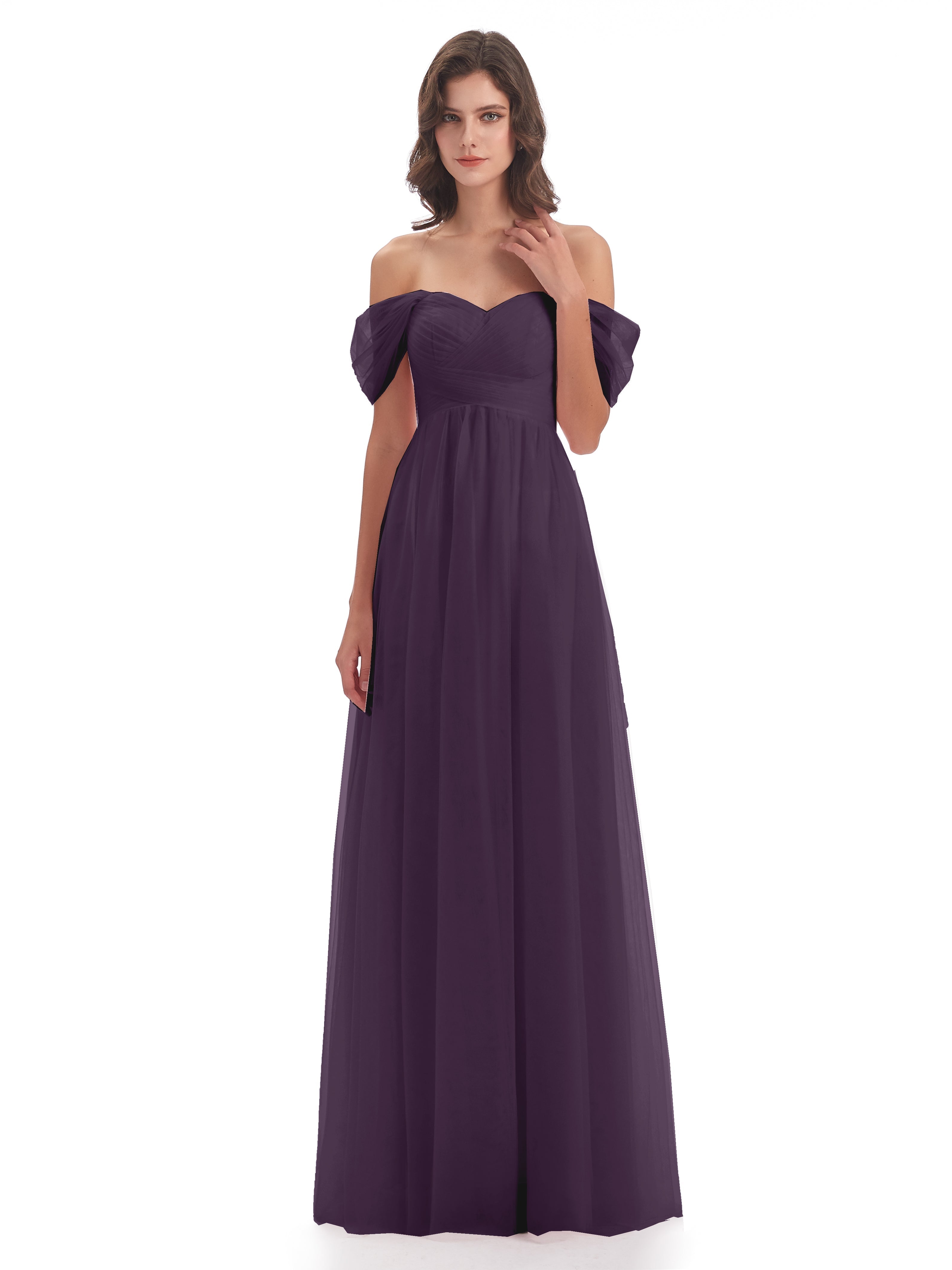 Robe Demoiselle D Honneur Plume Trapèze Hors-La-Épaule Tulle Longue Robes Demoiselle D'Honneur