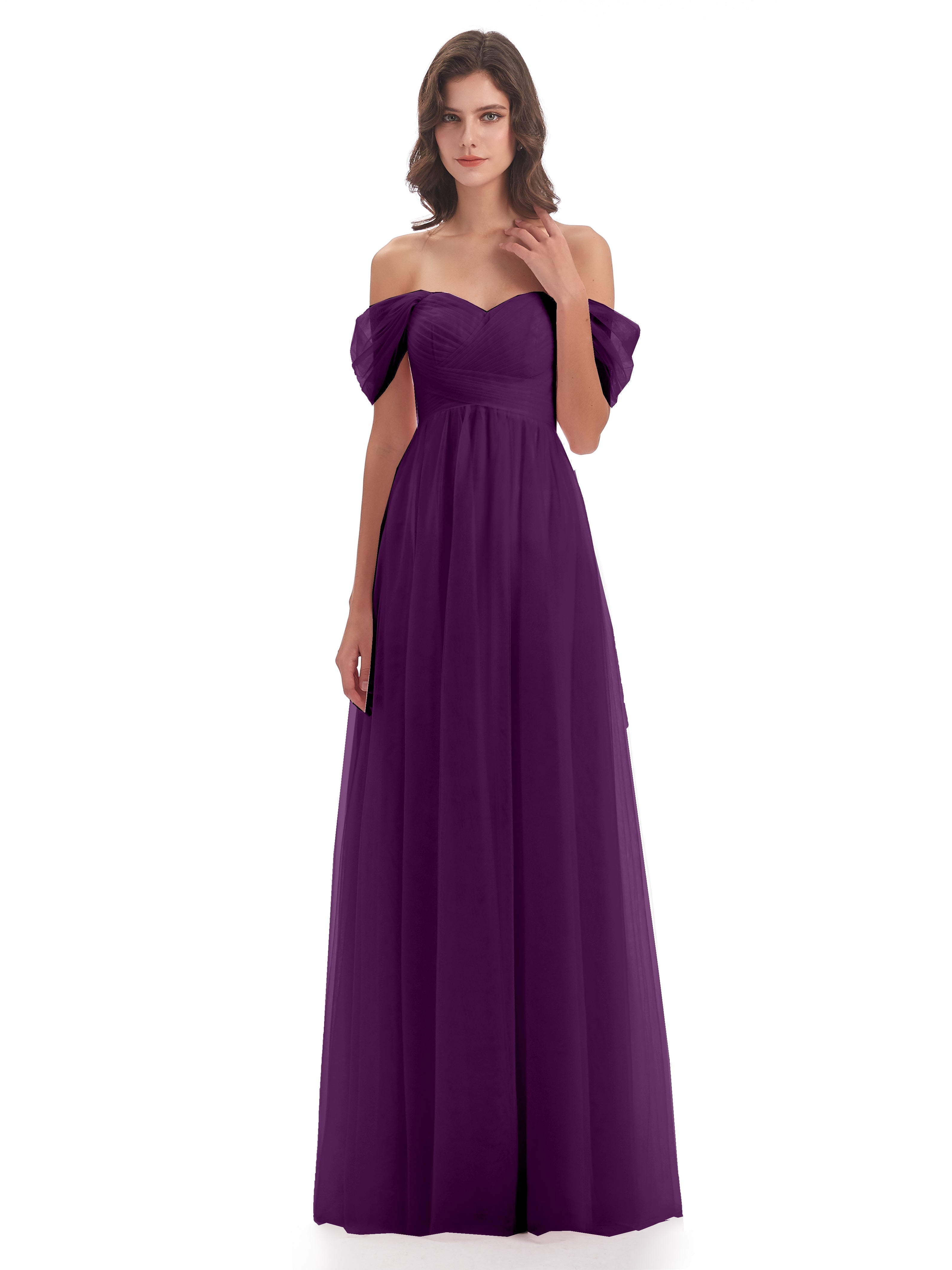 Robes De Demoiselle D'Honneur En Raisin Trapèze Hors-La-Épaule Tulle Longue Robes Demoiselle D'Honneur
