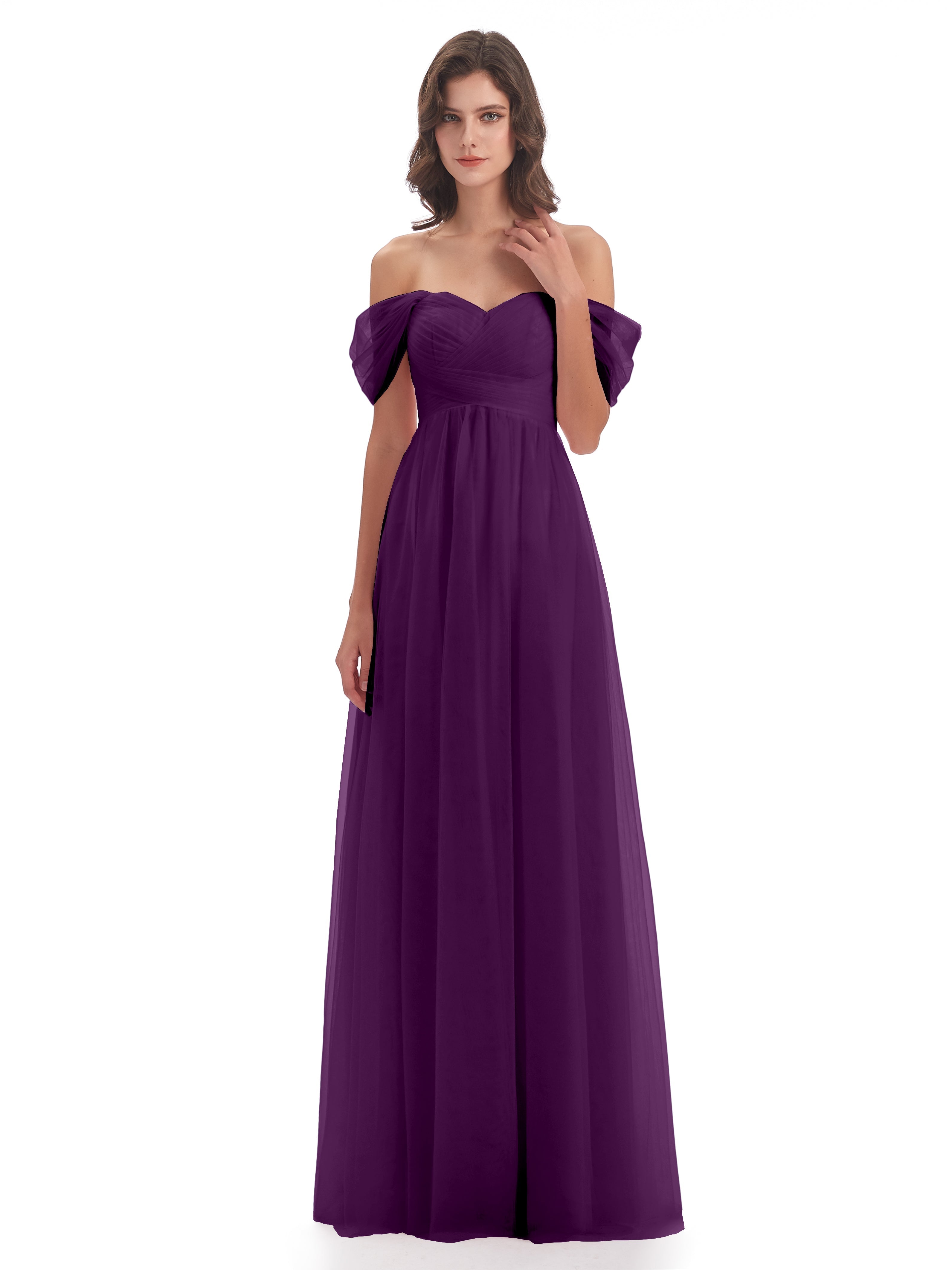 Robes De Demoiselle D'Honneur En Raisin Trapèze Hors-La-Épaule Tulle Longue Robes Demoiselle D'Honneur