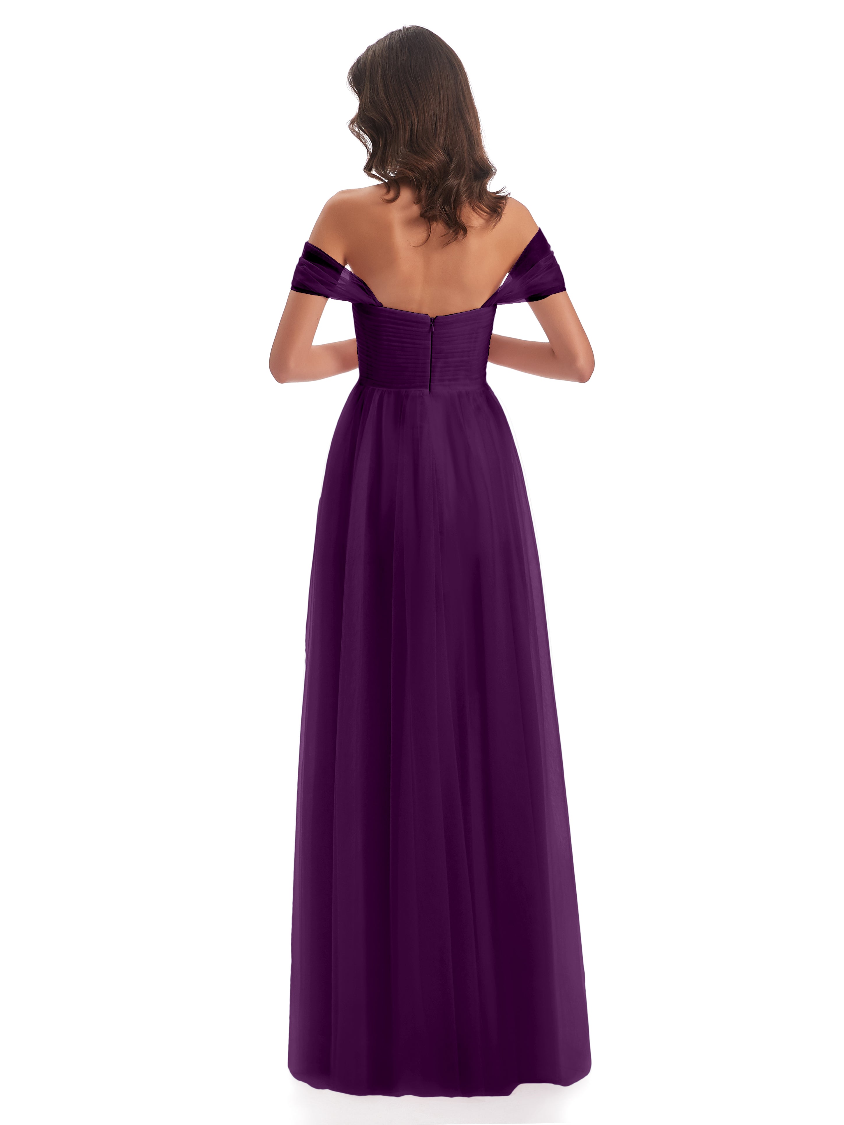 Robes De Demoiselle D'Honneur En Raisin Trapèze Hors-La-Épaule Tulle Longue Robes Demoiselle D'Honneur