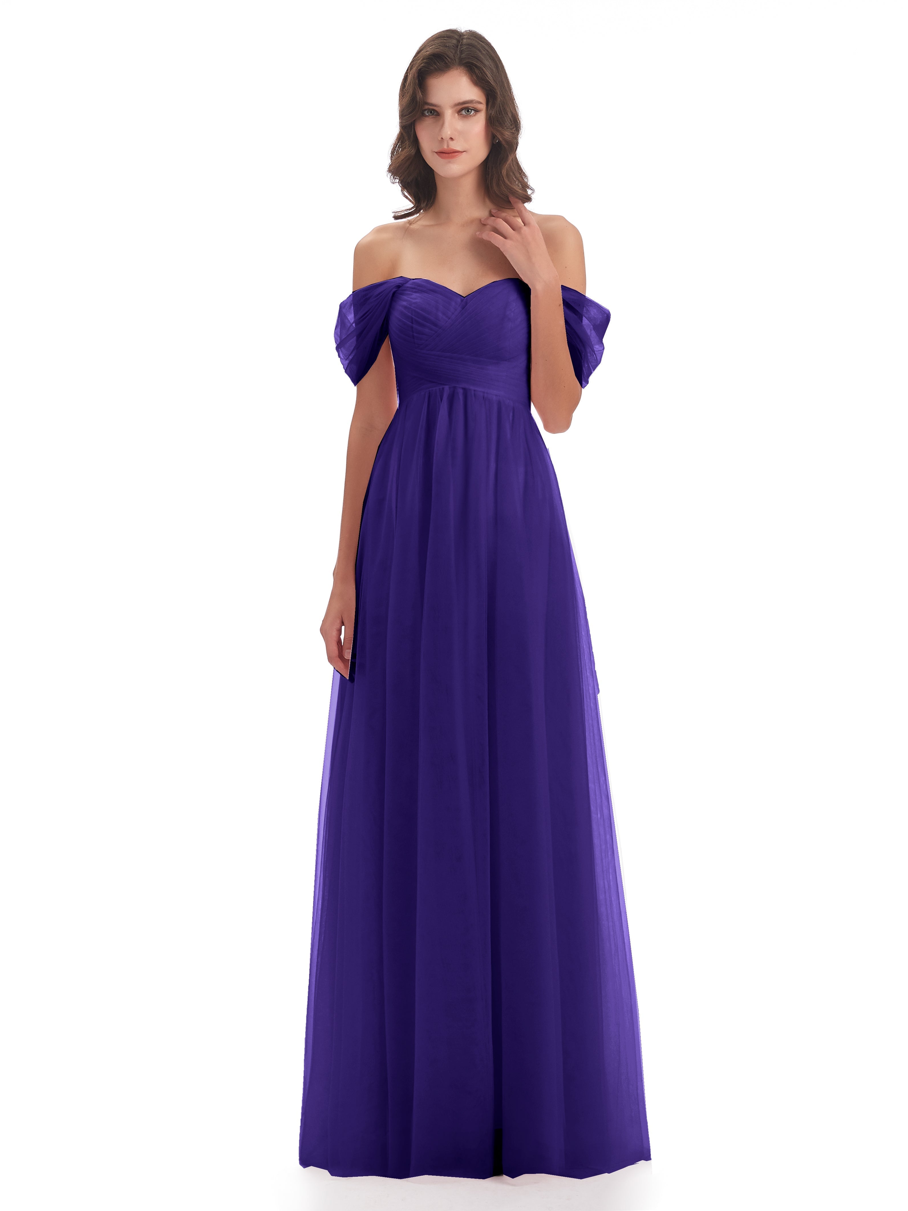 Robes De Demoiselle D'Honneur En Régence Trapèze Hors-La-Épaule Tulle Longue Robes Demoiselle D'Honneur