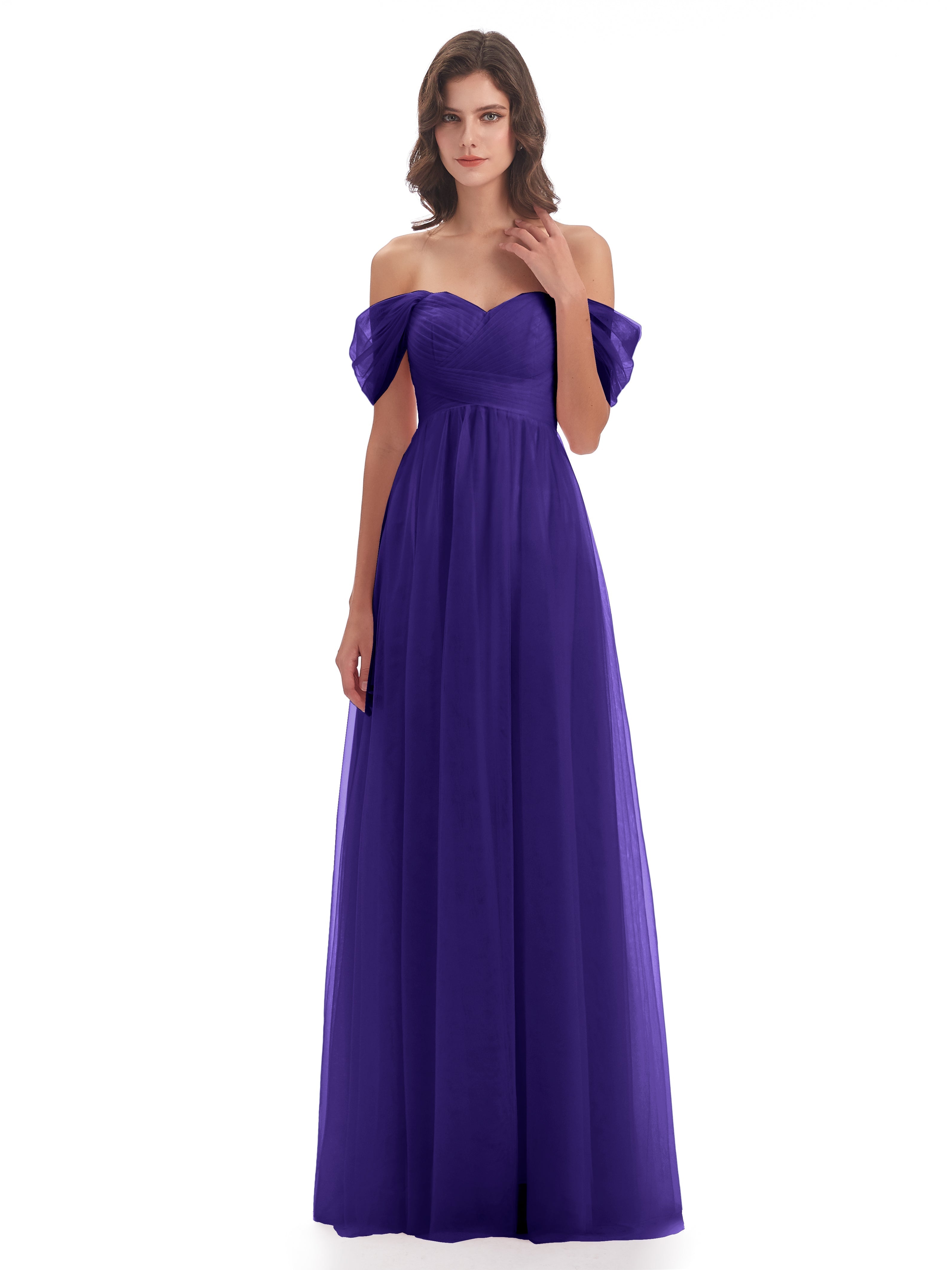 Robes De Demoiselle D'Honneur En Régence Trapèze Hors-La-Épaule Tulle Longue Robes Demoiselle D'Honneur