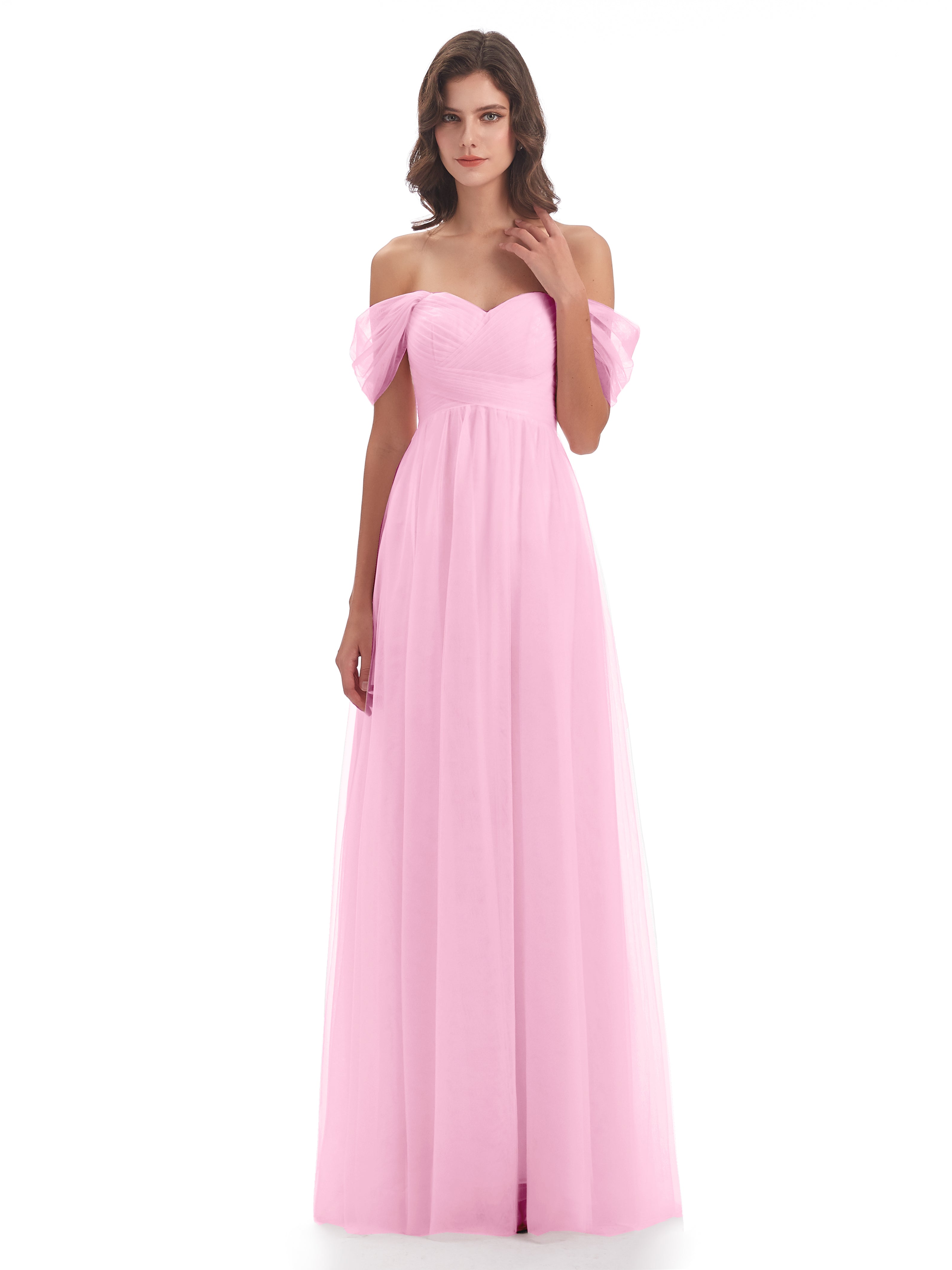 Robe Demoiselle D Honneur Rose Bonbon Trapèze Hors-La-Épaule Tulle Longue Robes Demoiselle D'Honneur