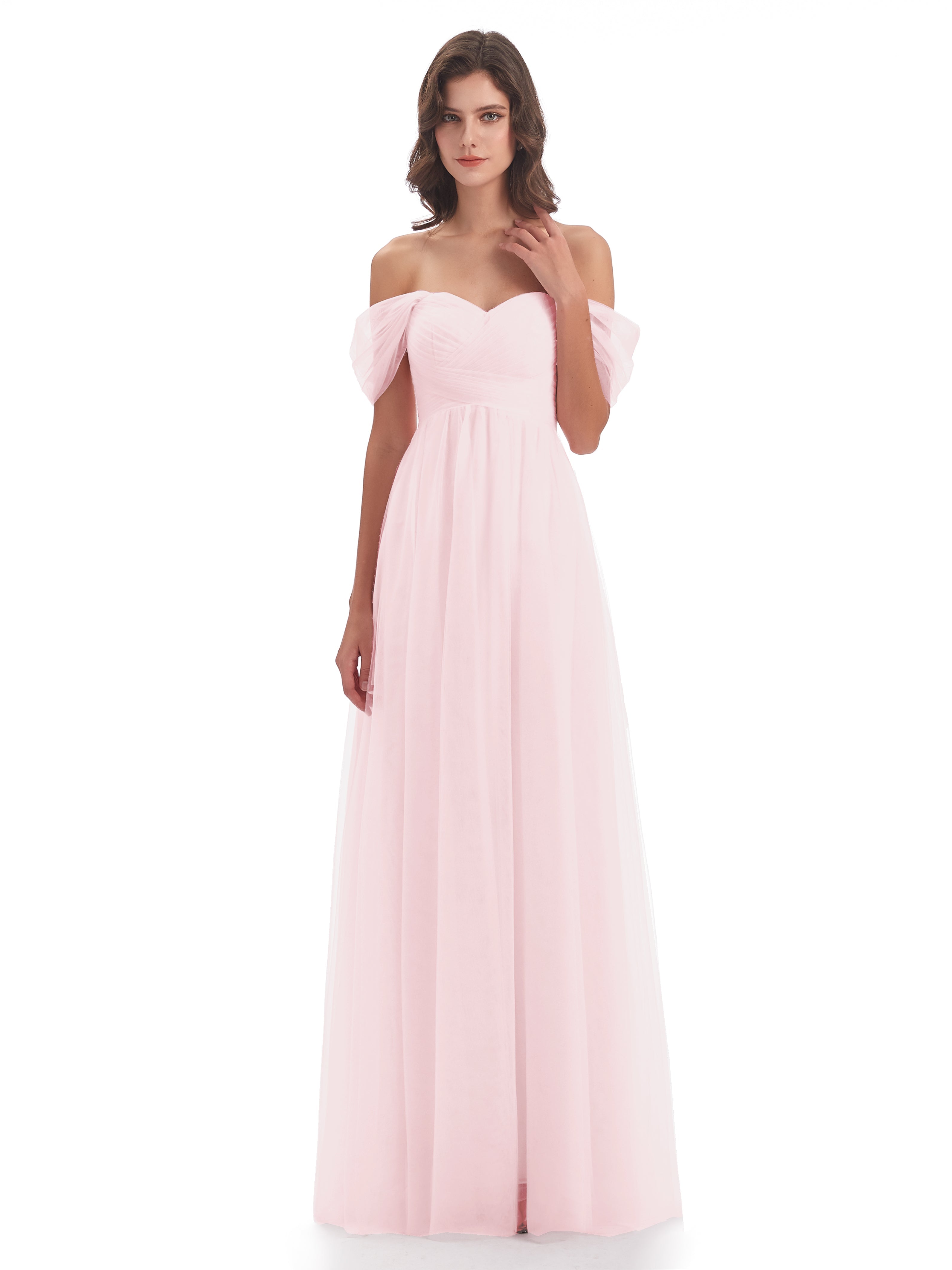 Demoiselle D Honneur Rose Pale Trapèze Hors-La-Épaule Tulle Longue Robes Demoiselle D'Honneur