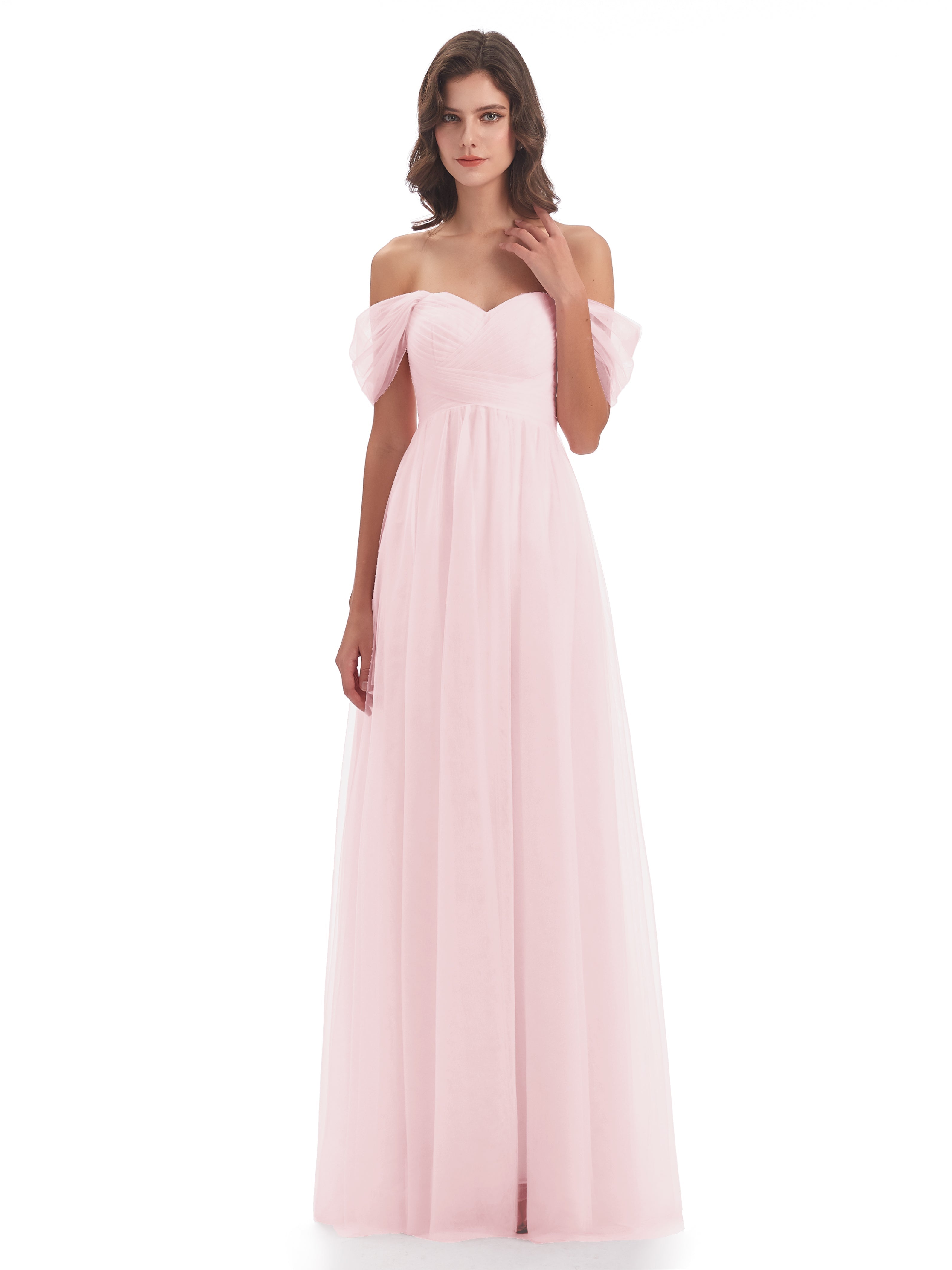 Demoiselle D Honneur Rose Pale Trapèze Hors-La-Épaule Tulle Longue Robes Demoiselle D'Honneur