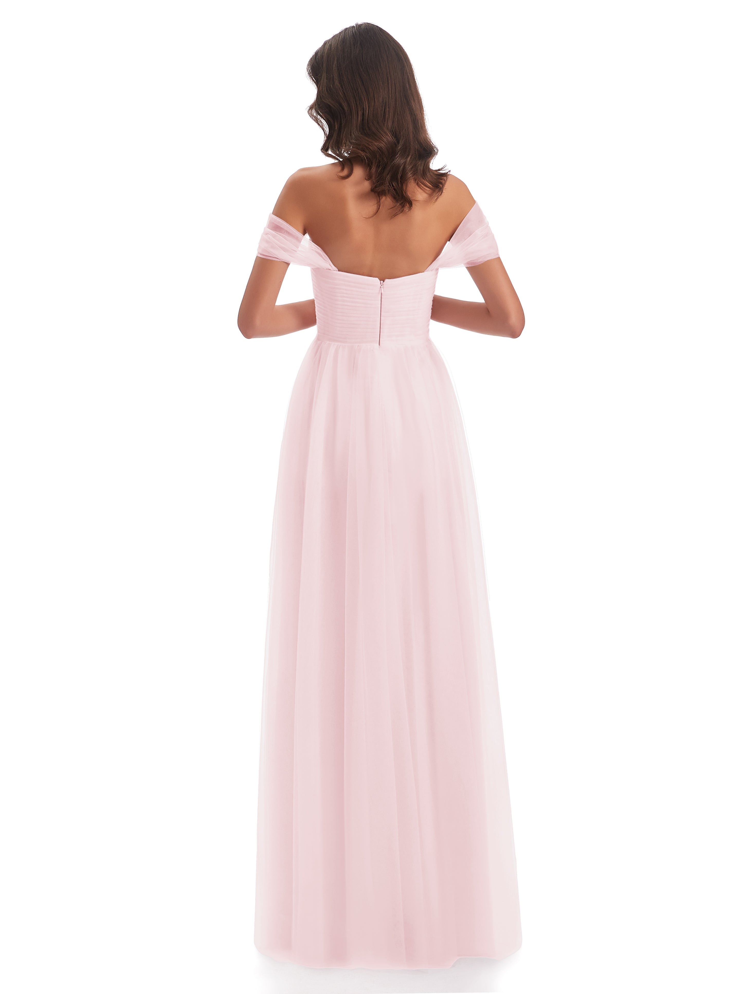 Demoiselle D Honneur Rose Pale Trapèze Hors-La-Épaule Tulle Longue Robes Demoiselle D'Honneur