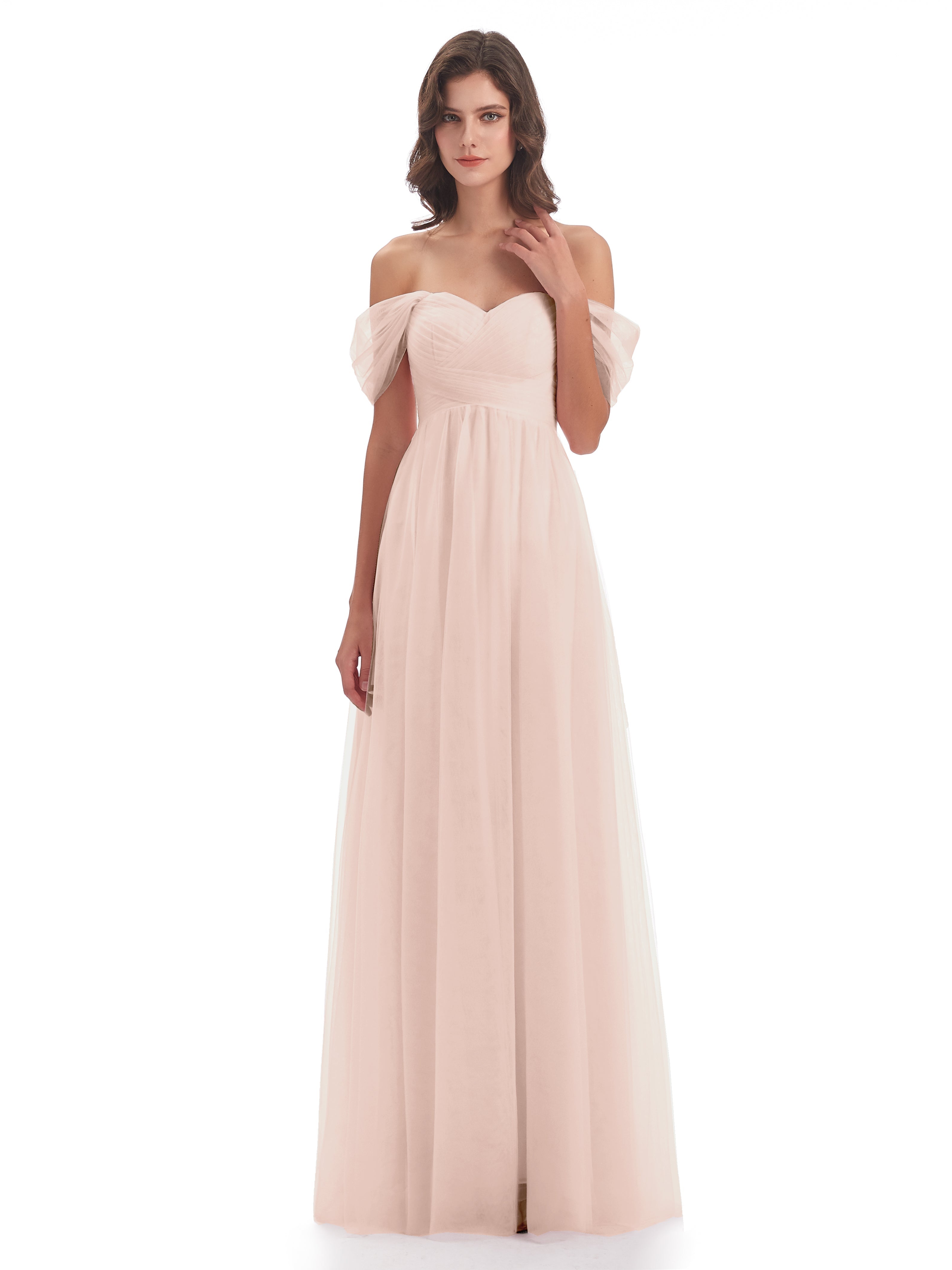 Robe Demoiselle D Honneur Rose Perle Trapèze Hors-La-Épaule Tulle Longue Robes Demoiselle D'Honneur