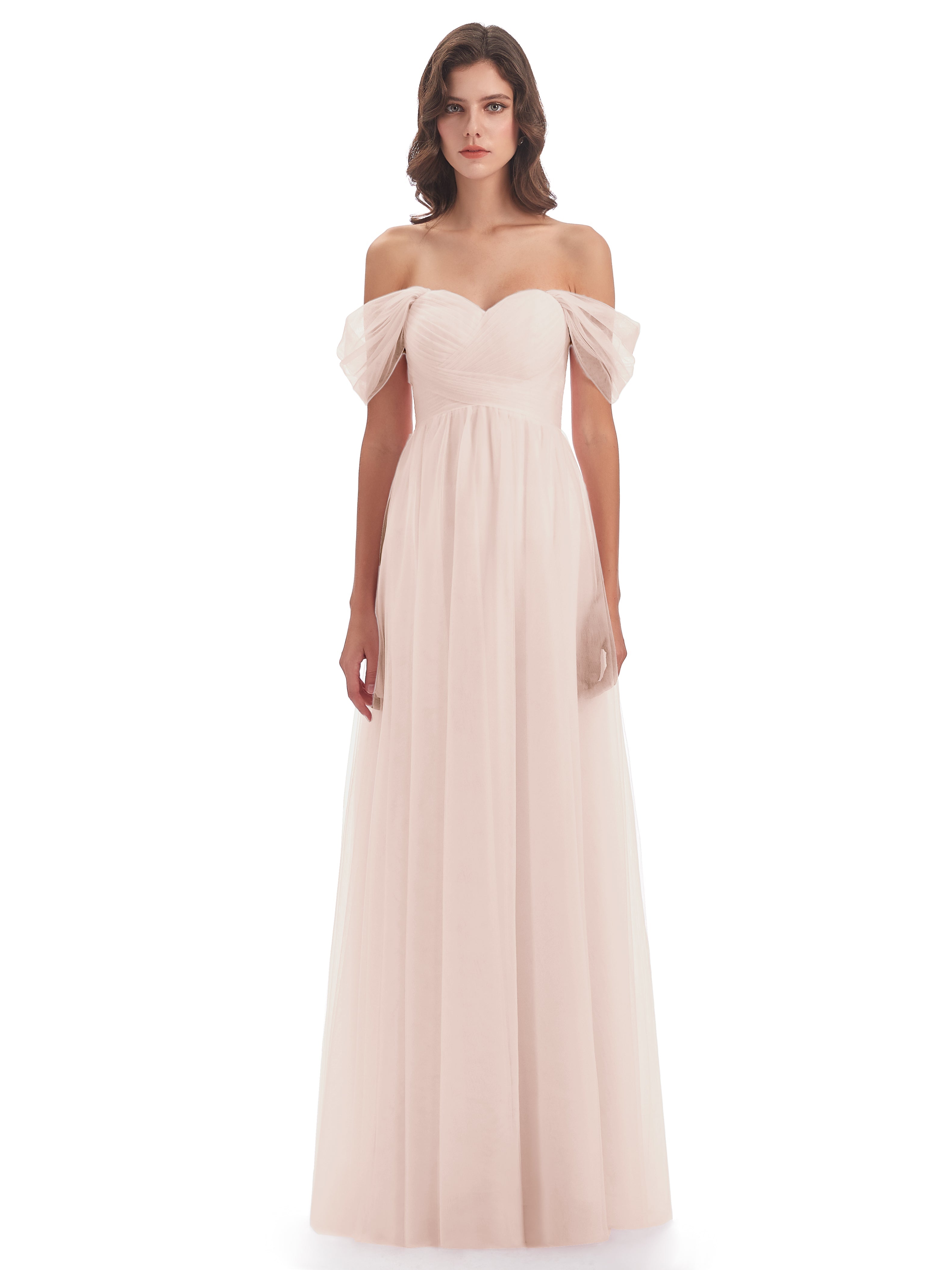 Robe Demoiselle D Honneur Rose Perle Trapèze Hors-La-Épaule Tulle Longue Robes Demoiselle D'Honneur