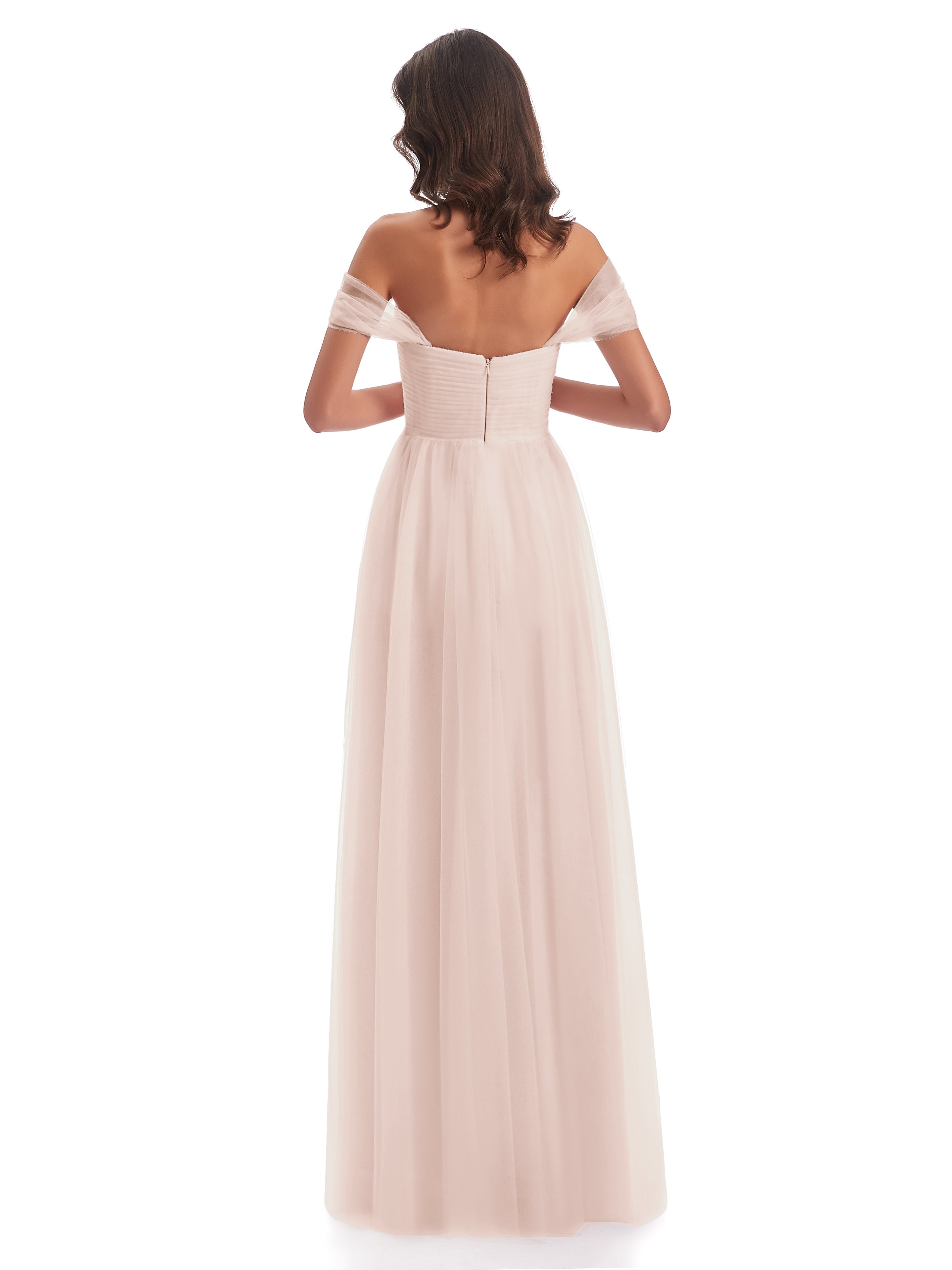 Robe Demoiselle D Honneur Rose Perle Trapèze Hors-La-Épaule Tulle Longue Robes Demoiselle D'Honneur