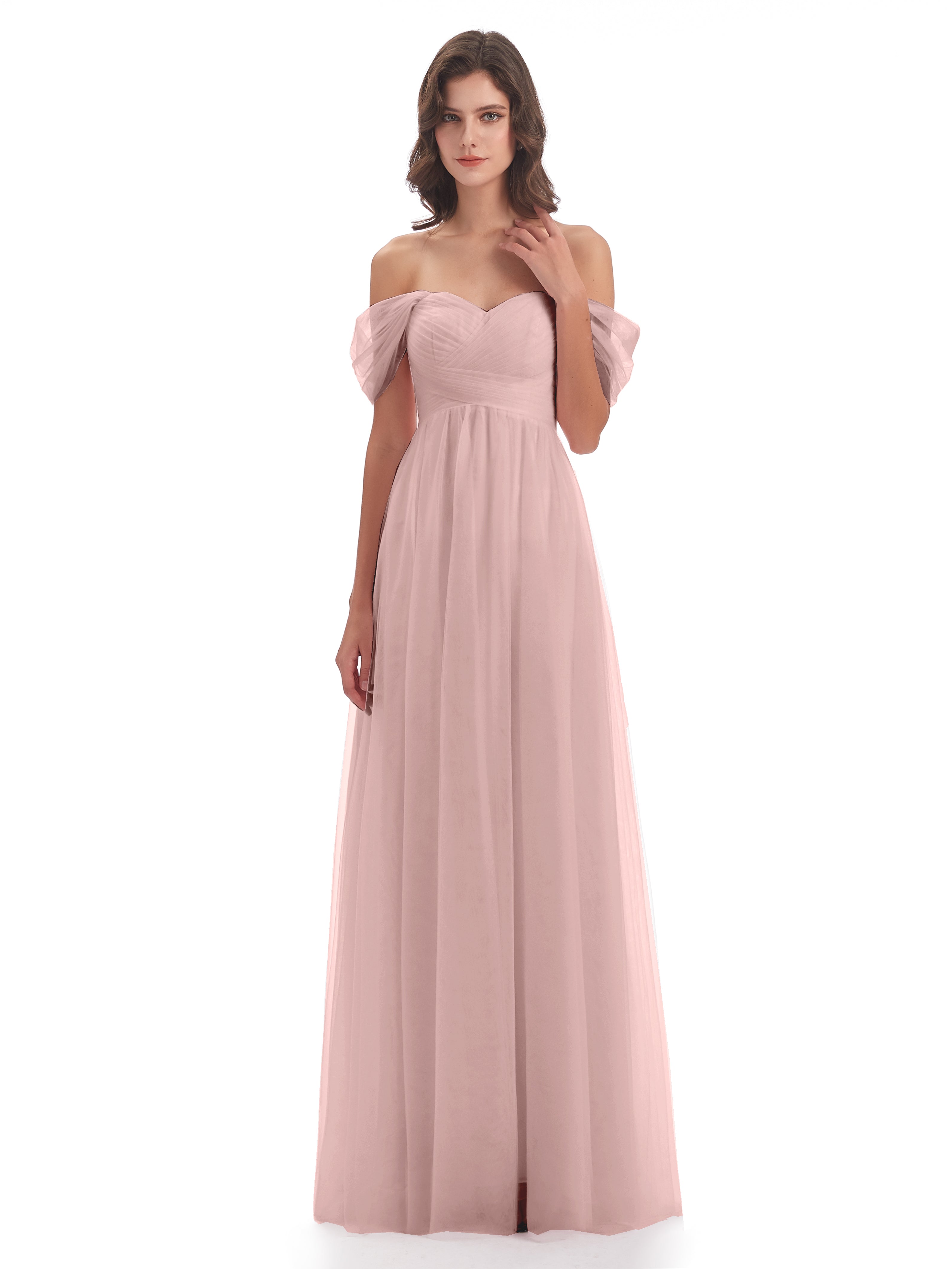 Demoiselle Temoin Robe Rose Poudré Mariage Trapèze Hors-La-Épaule Tulle Longue Robes Demoiselle D'Honneur