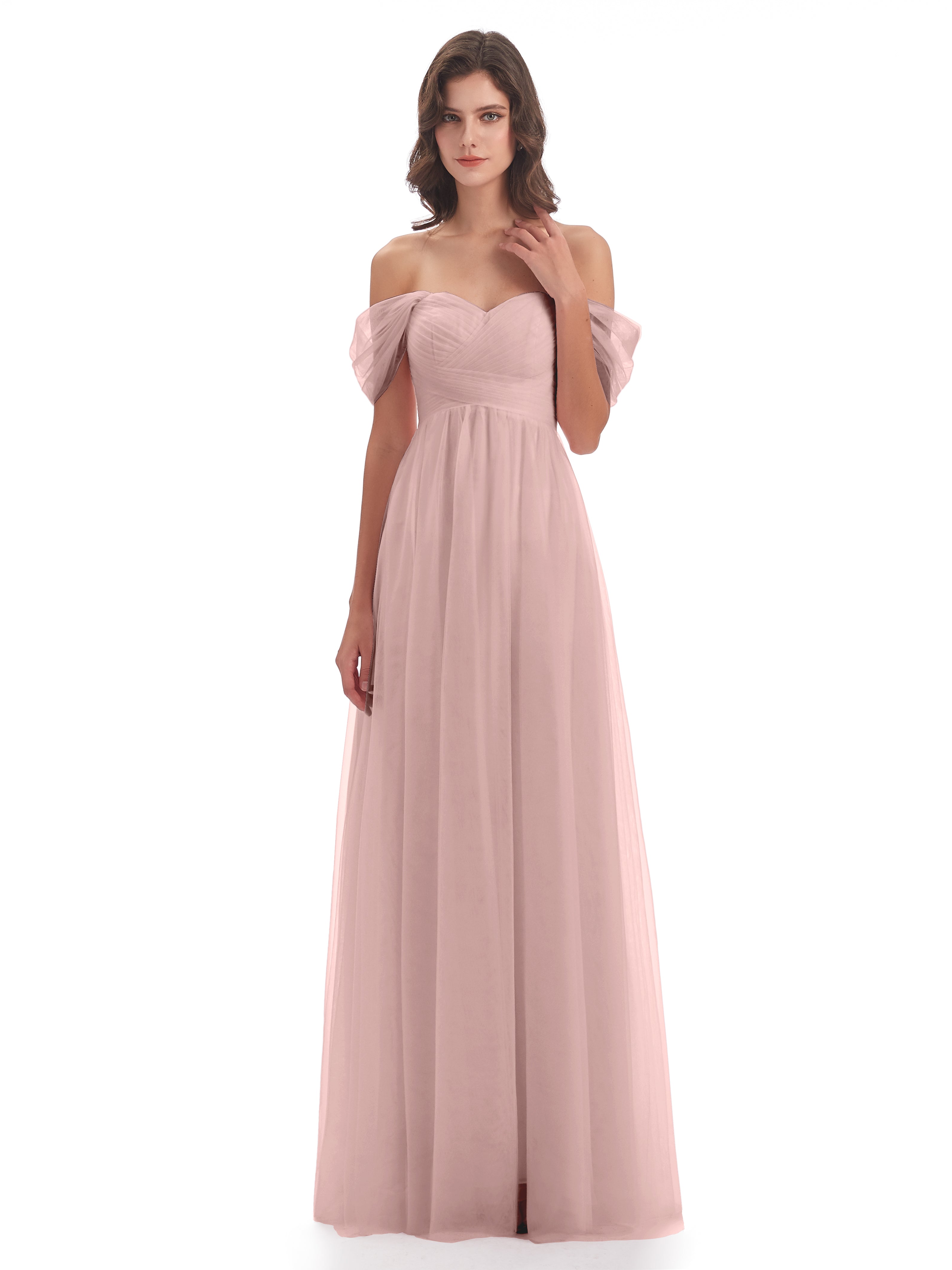 Demoiselle Temoin Robe Rose Poudré Mariage Trapèze Hors-La-Épaule Tulle Longue Robes Demoiselle D'Honneur