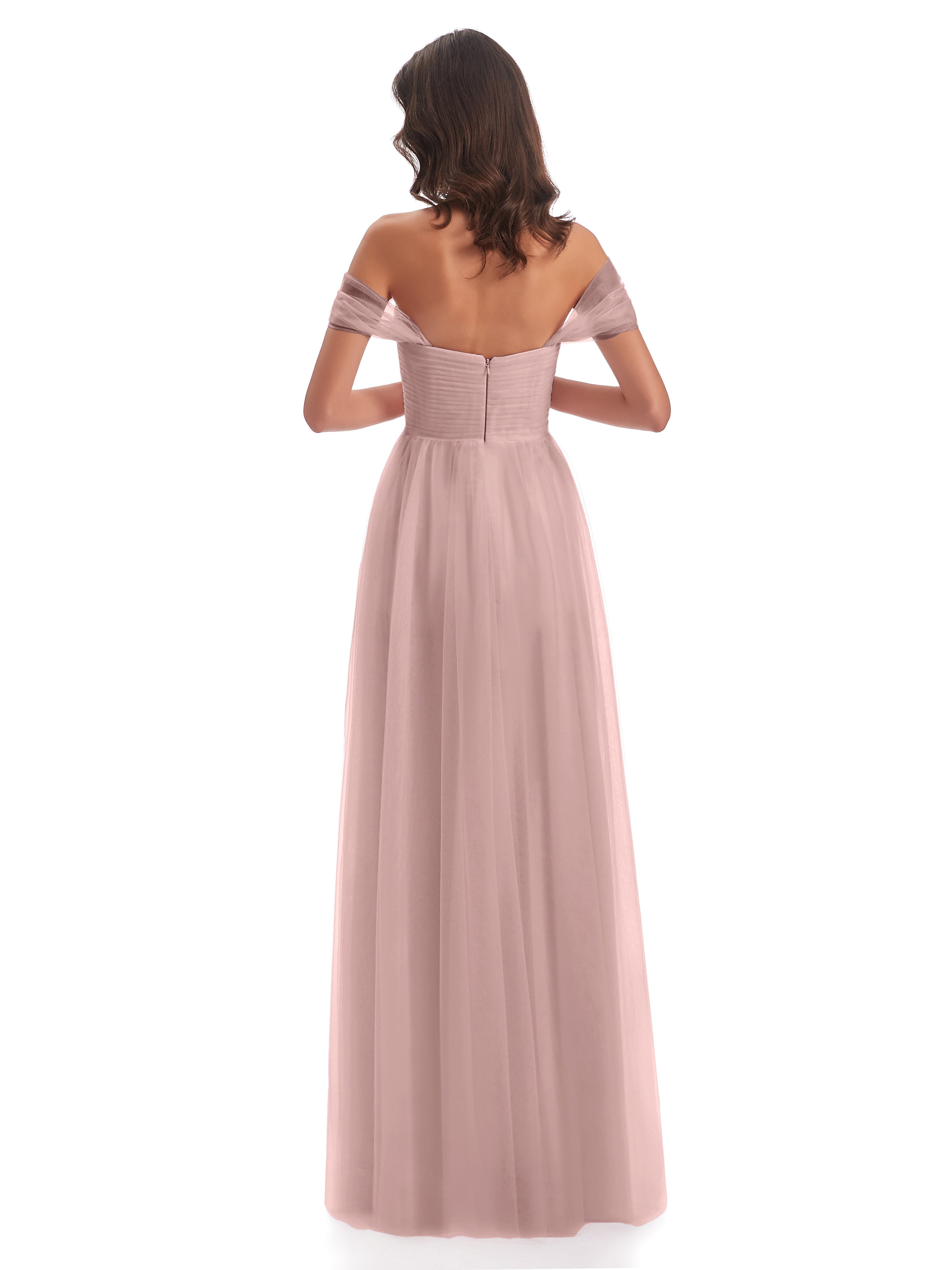 Demoiselle Temoin Robe Rose Poudré Mariage Trapèze Hors-La-Épaule Tulle Longue Robes Demoiselle D'Honneur