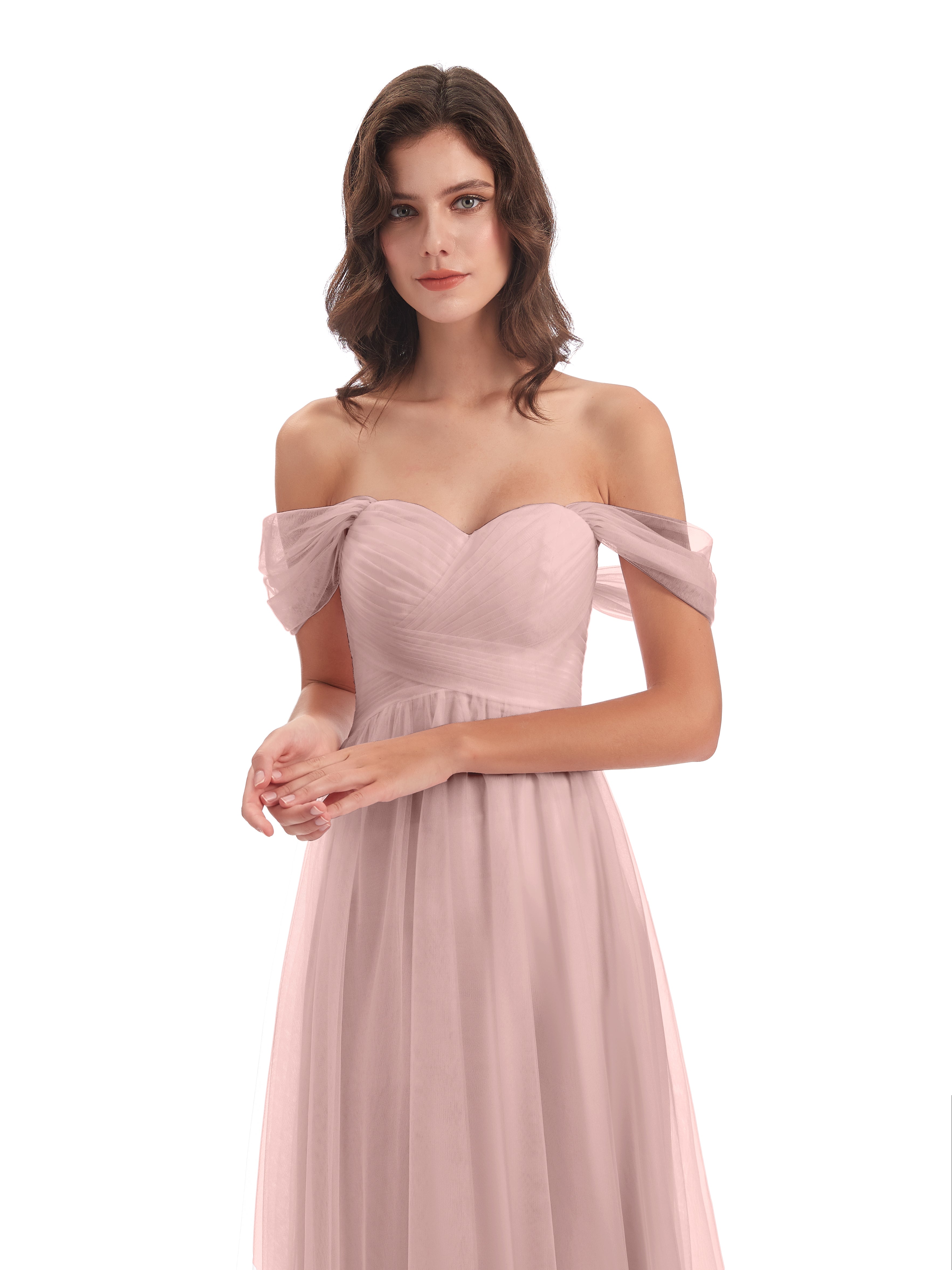 Demoiselle Temoin Robe Rose Poudré Mariage Trapèze Hors-La-Épaule Tulle Longue Robes Demoiselle D'Honneur