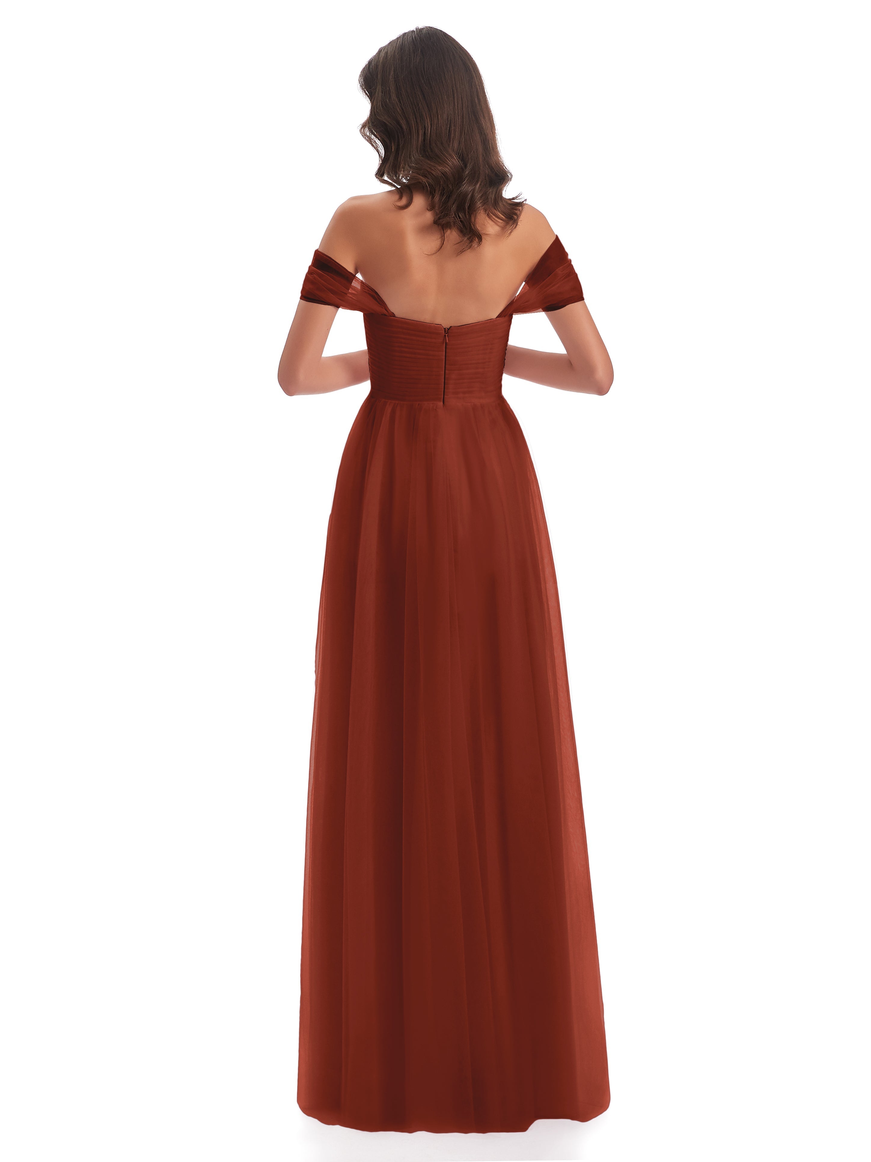 Robes De Demoiselle D'Honneur En Mousseline De Rouille Trapèze Hors-La-Épaule Tulle Longue Robes Demoiselle D'Honneur