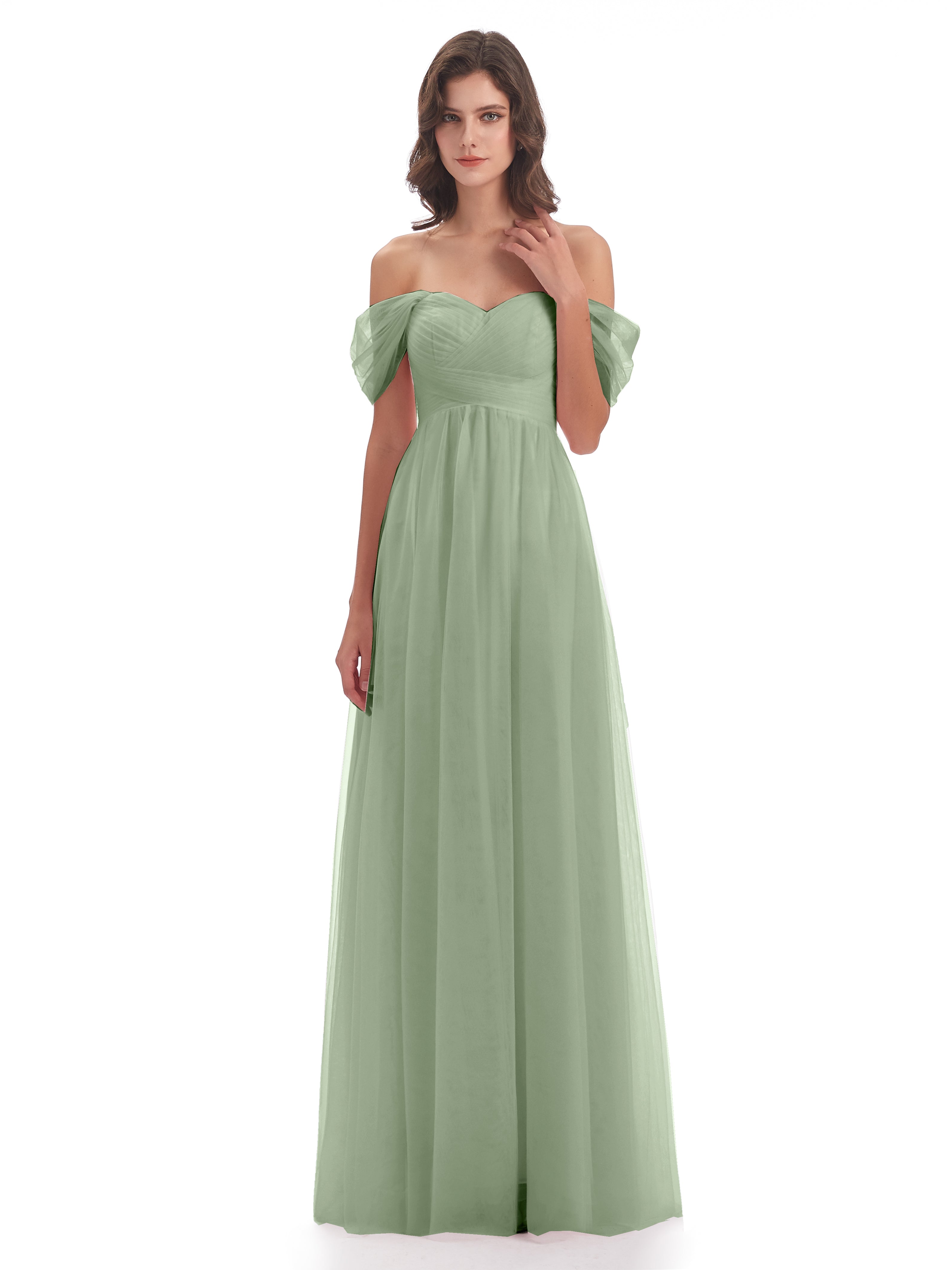 Demoiselles D'Honneur De Sauge Poussiéreuse Trapèze Hors-La-Épaule Tulle Longue Robes Demoiselle D'Honneur