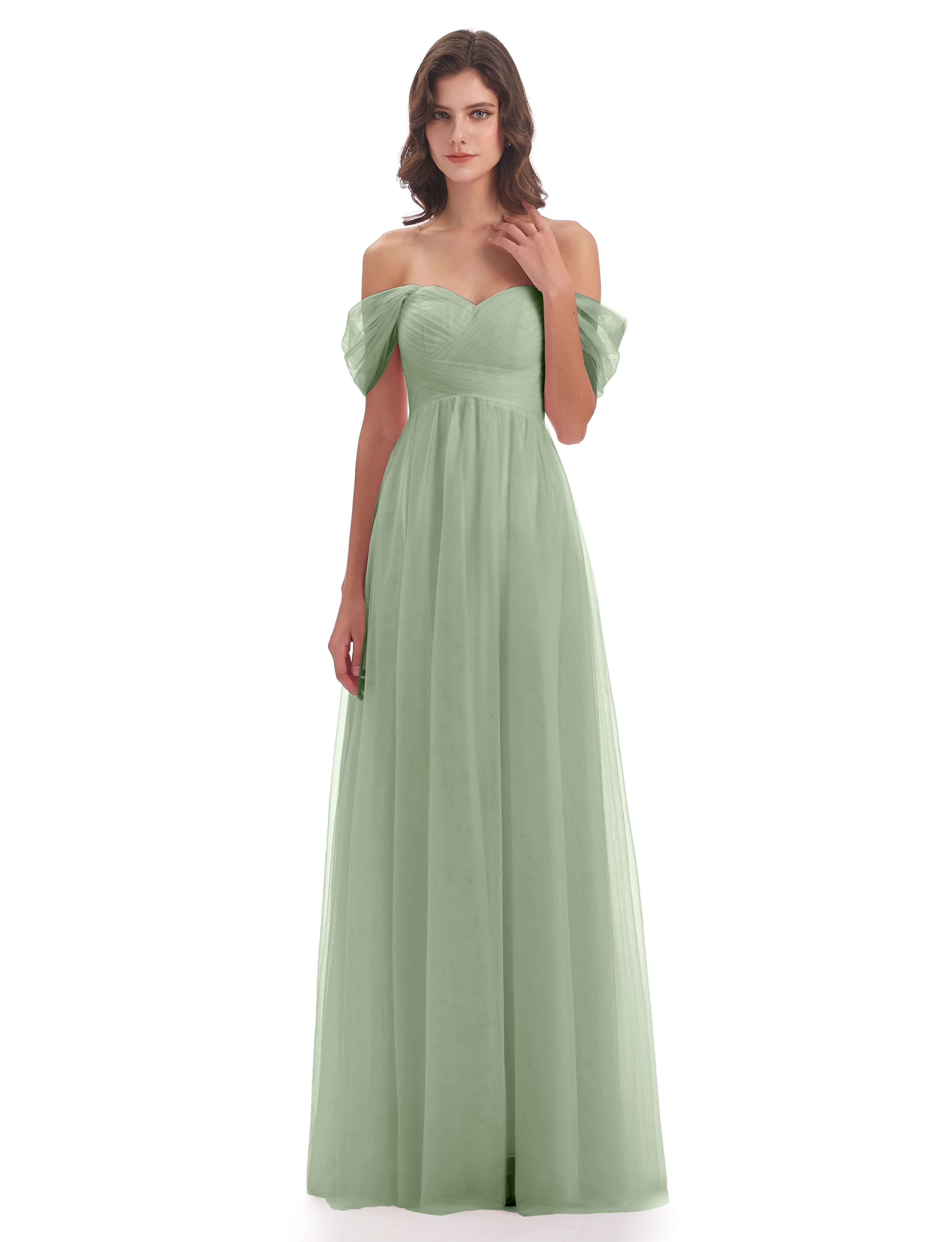 Demoiselles D'Honneur De Sauge Poussiéreuse Trapèze Hors-La-Épaule Tulle Longue Robes Demoiselle D'Honneur