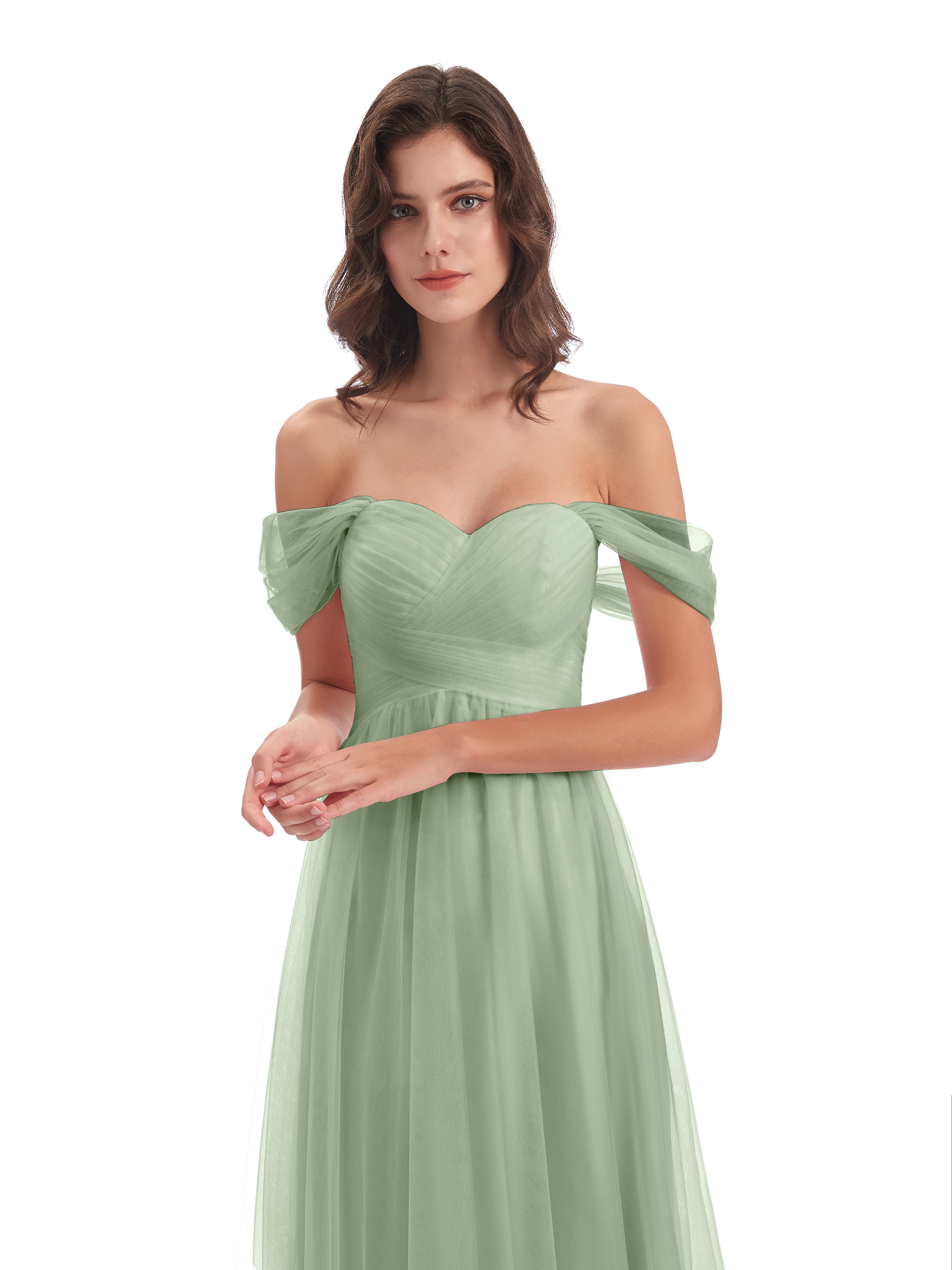 Demoiselles D'Honneur De Sauge Poussiéreuse Trapèze Hors-La-Épaule Tulle Longue Robes Demoiselle D'Honneur