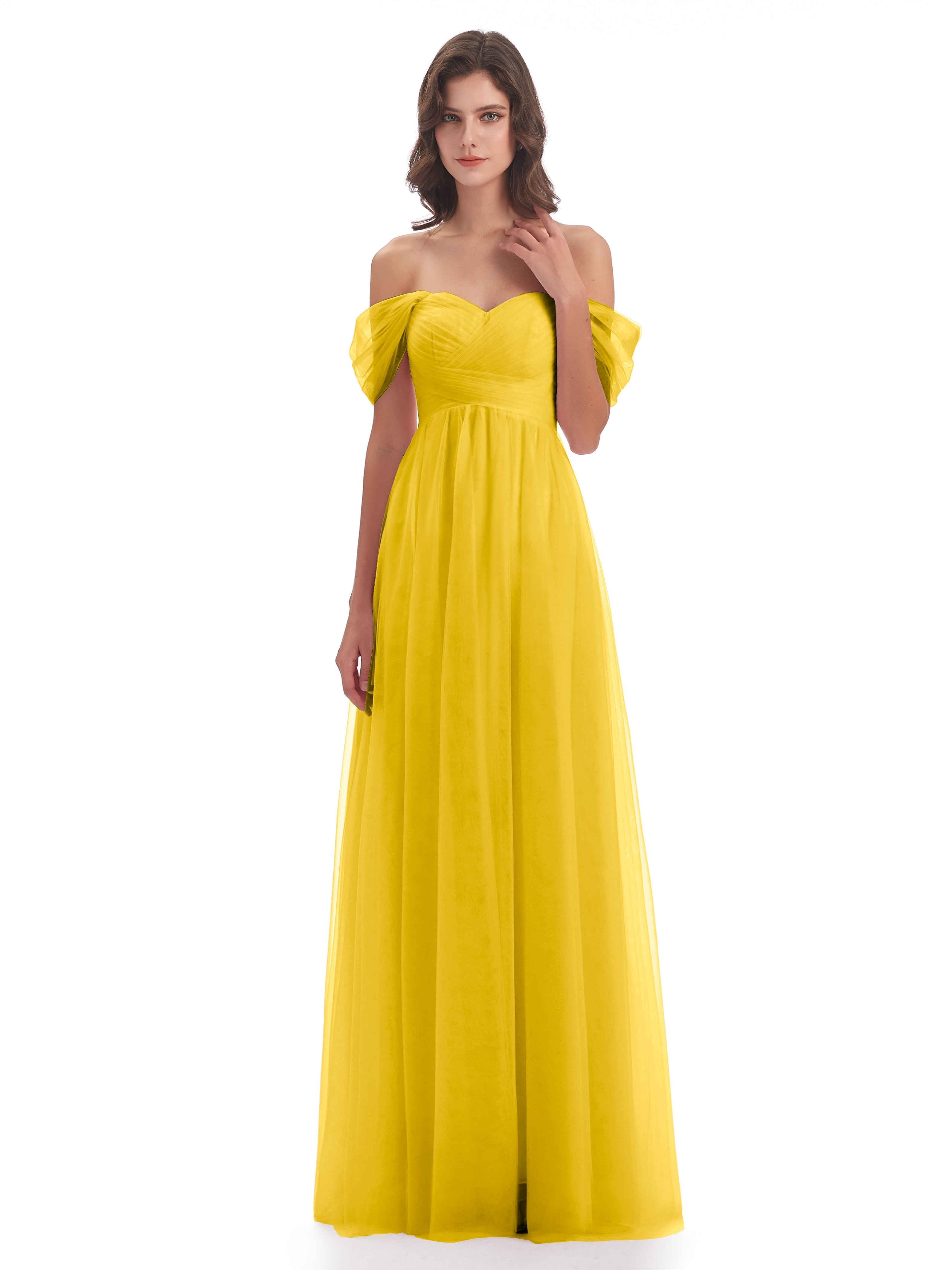Robe De Demoiselle D'Honneur Souci Trapèze Hors-La-Épaule Tulle Longue Robes Demoiselle D'Honneur