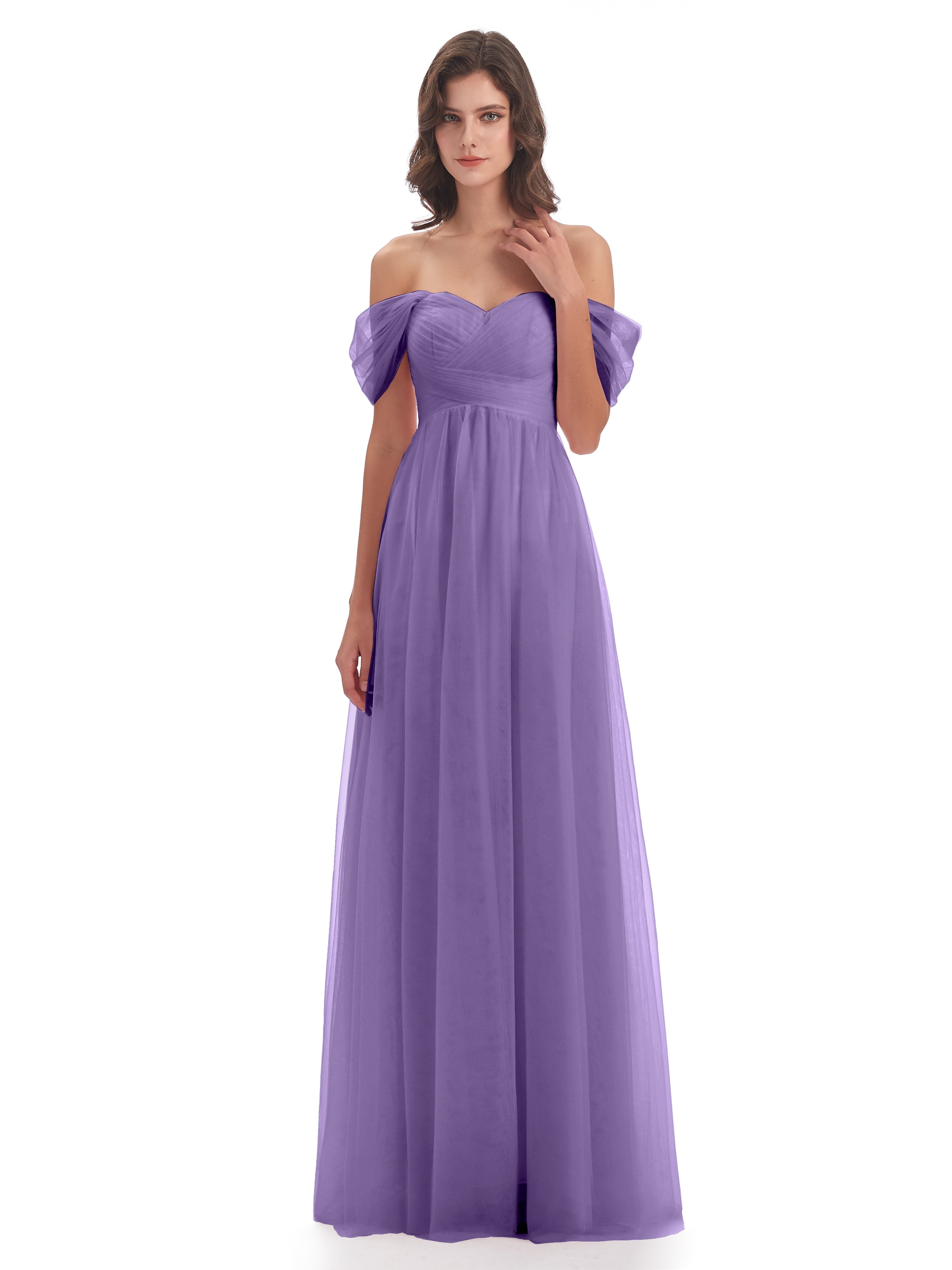 Robes De Demoiselle D'Honneur Tahiti Trapèze Hors-La-Épaule Tulle Longue Robes Demoiselle D'Honneur