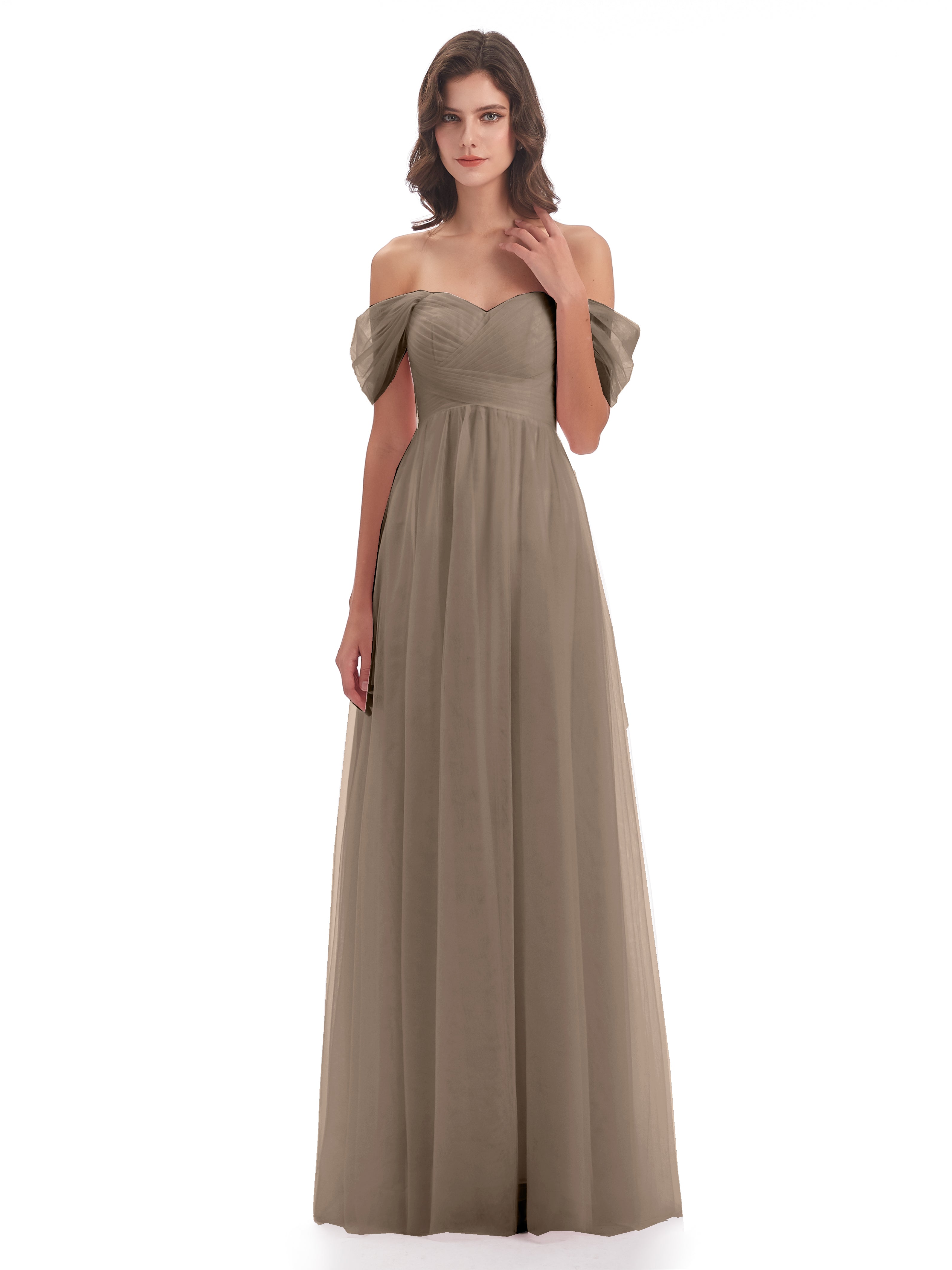 Robe Taupe Demoiselle D Honneur Trapèze Hors-La-Épaule Tulle Longue Robes Demoiselle D'Honneur